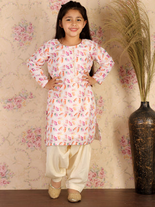 VASTRAMAY Multicolor-Base-White Floral Printed Cotton Linen Siblings Set
