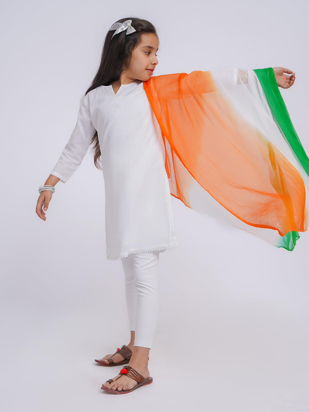 Girl's' White Kurta, Leggings And Dupatta