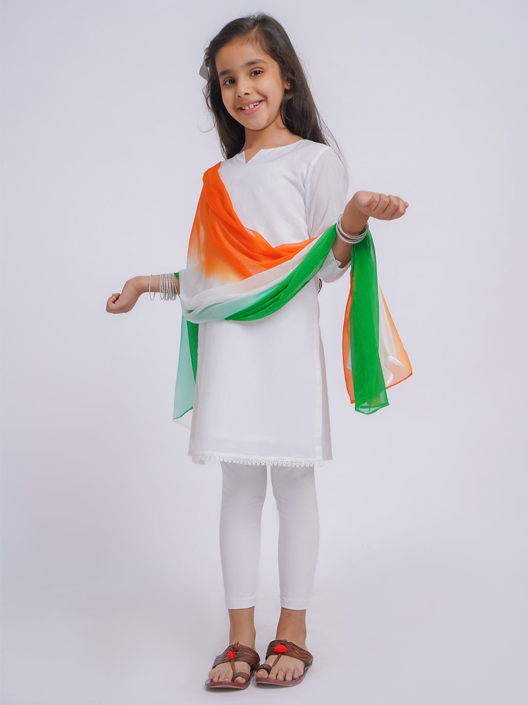 Girl's' White Kurta, Leggings And Dupatta