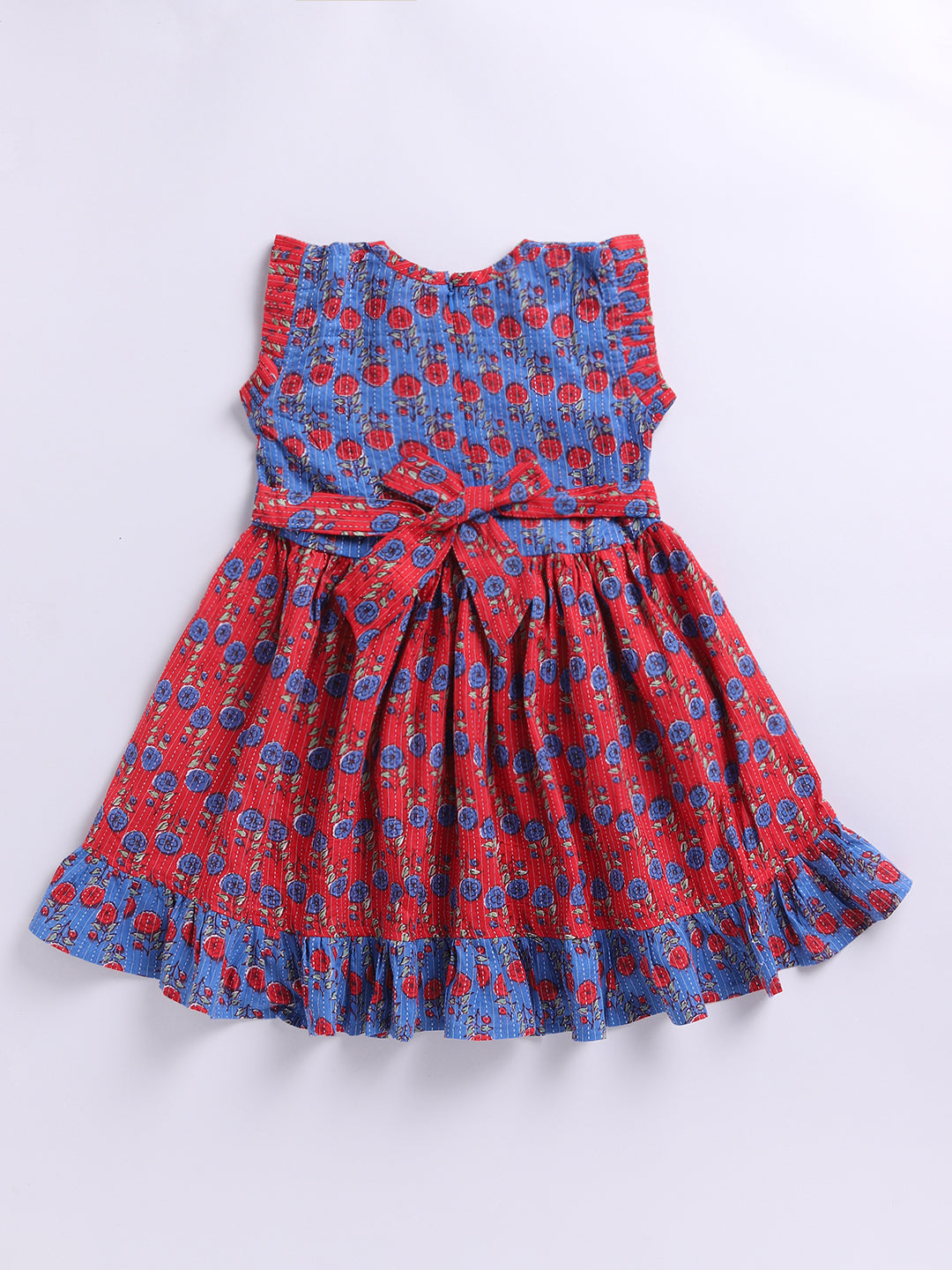 Blue Kantha Work Cotton Dress For Girl's