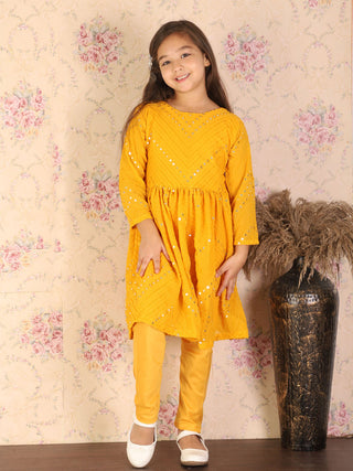 VASTRAMAY Yellow Mirror Kurta Pyjama Siblings Set