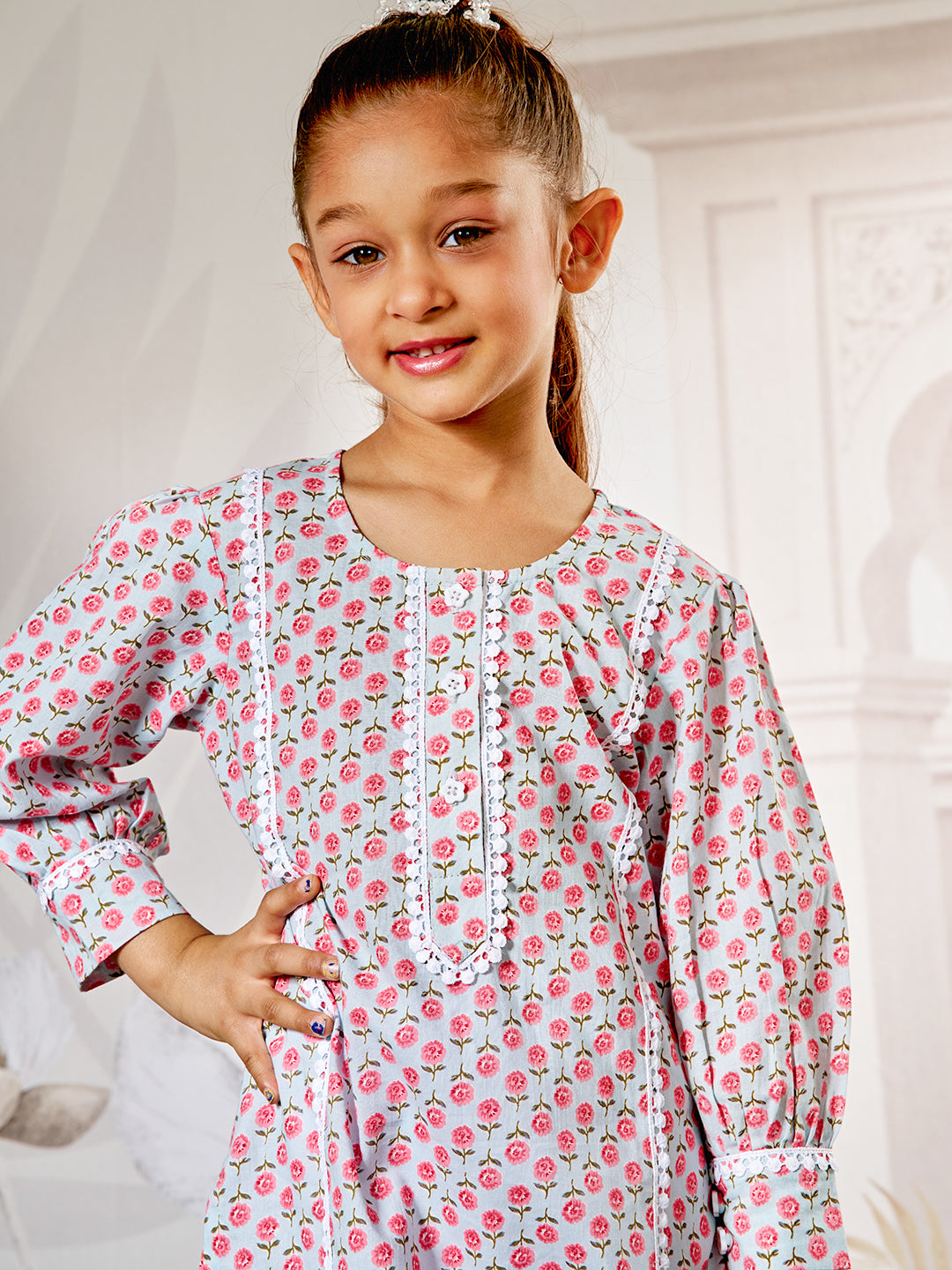 Aqua Floral Print Kurta Set With White Leggings
