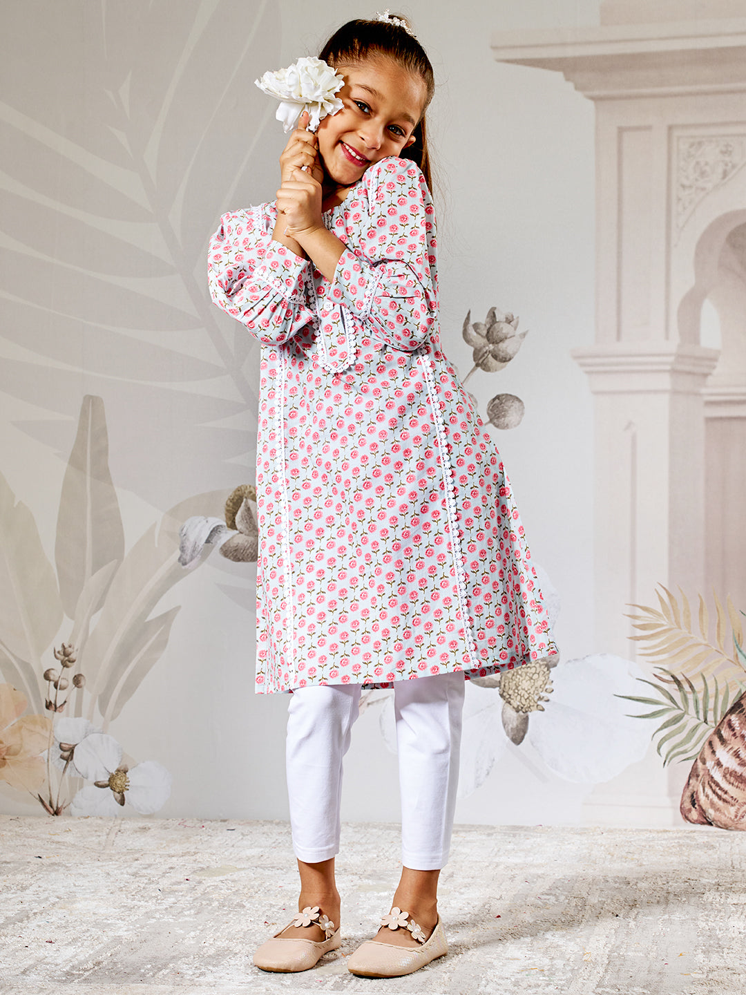 Aqua Floral Print Kurta Set With White Leggings