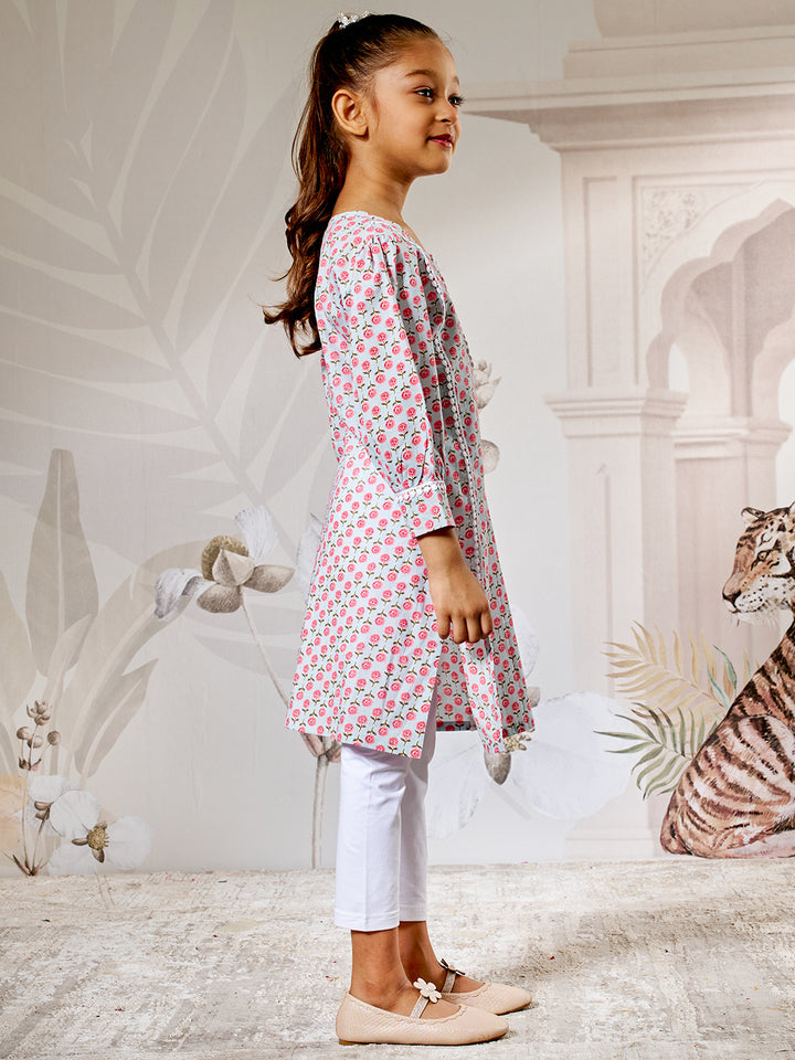 Aqua Floral Print Kurta Set With White Leggings