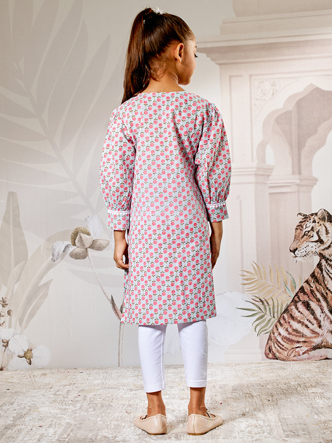 Aqua Floral Print Kurta Set With White Leggings