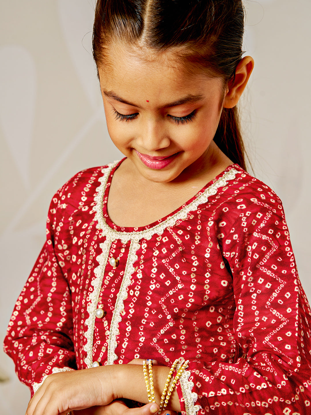 Girl's Red Bandhani Kurta Patiala Set