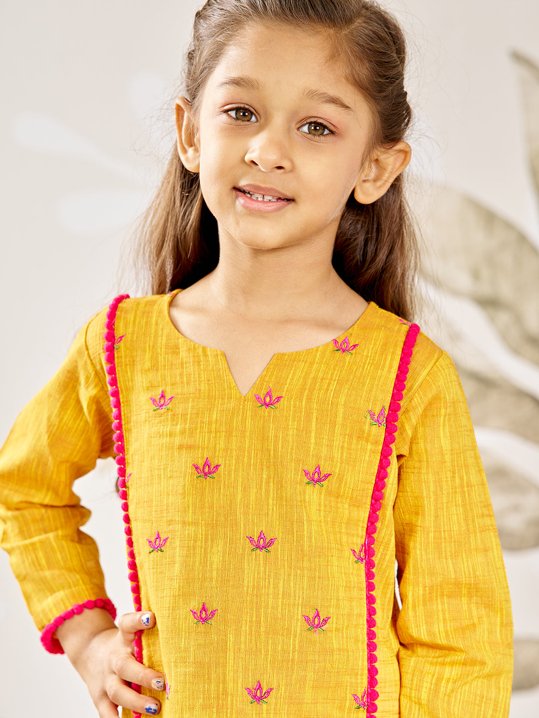 Girl's Mustard Cotton Kurta Leggings Set