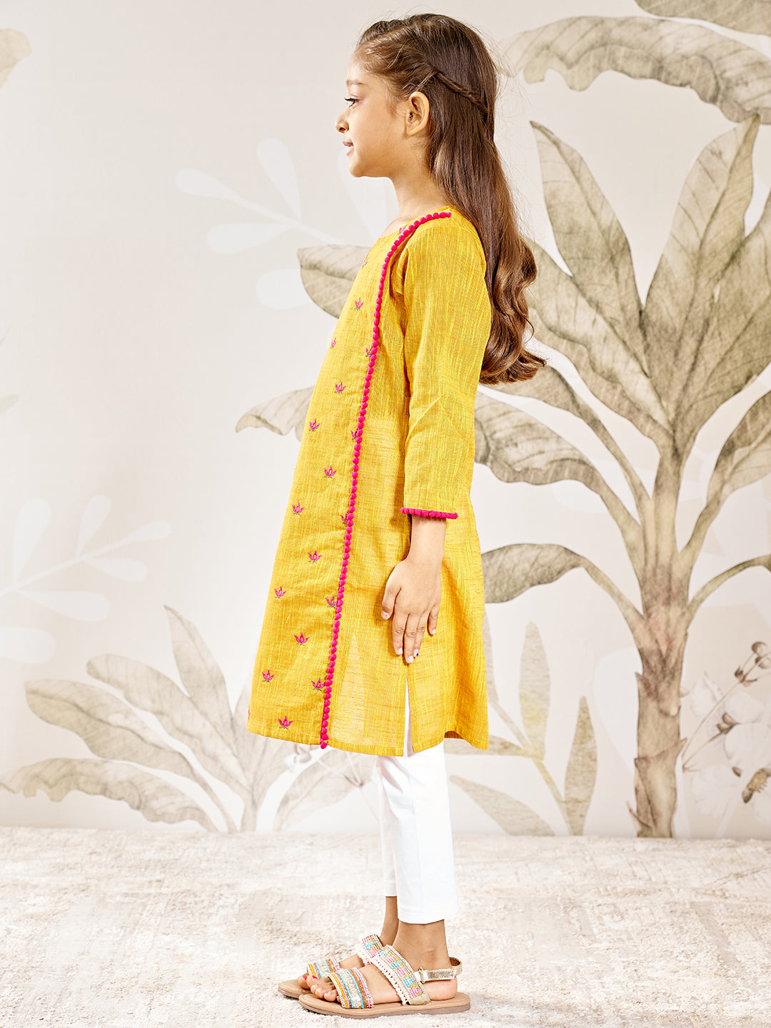 Girl's Mustard Cotton Kurta Leggings Set