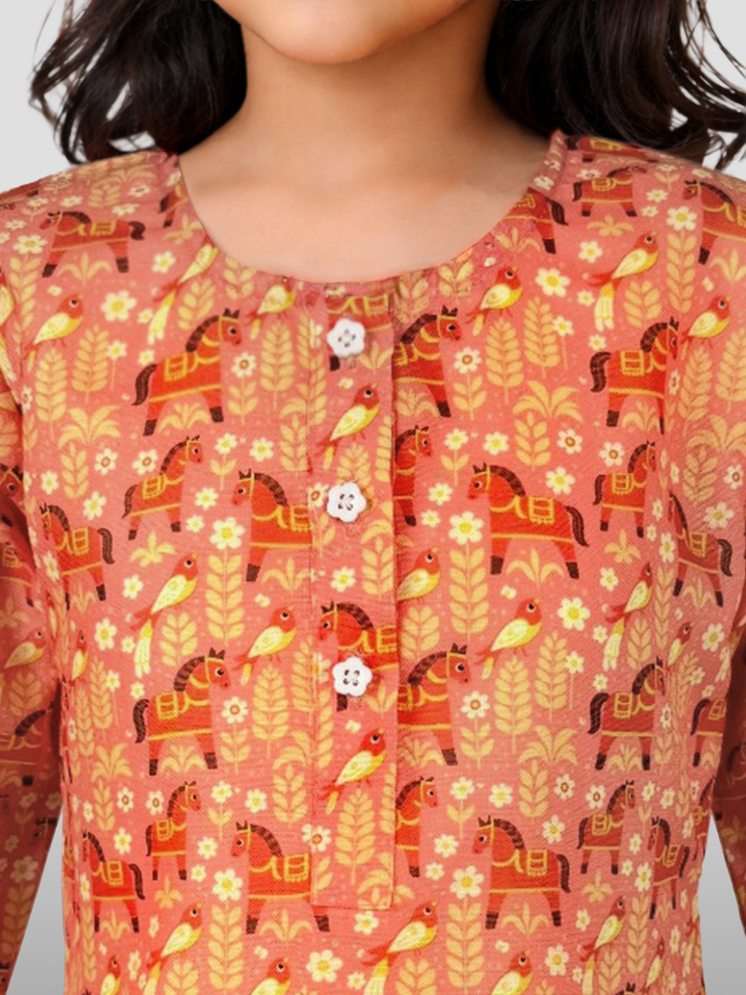 Girls Peach Cotton Animal Print Kurta with Pakistani Salwar Set - Three Quarter Sleeves Festive Ethnic Wear
