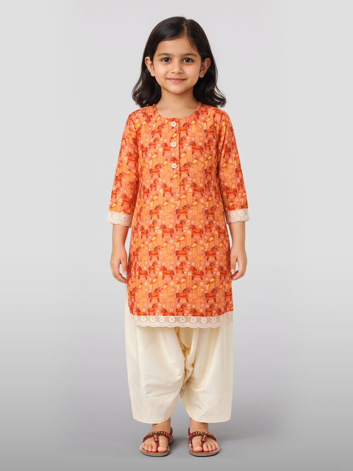 Girls Peach Cotton Animal Print Kurta with Pakistani Salwar Set - Three Quarter Sleeves Festive Ethnic Wear