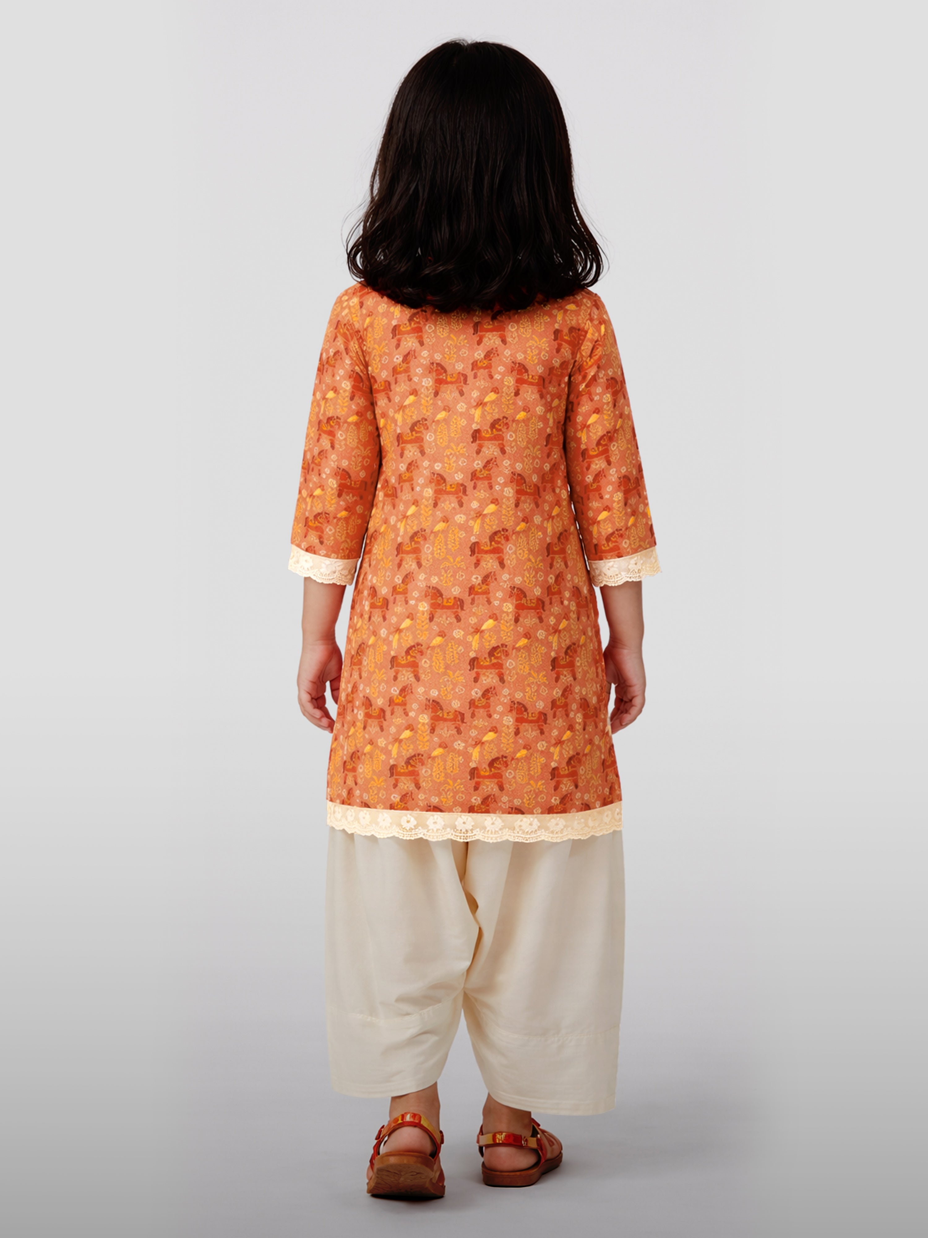 Girls' Peach Cotton Animal Print Kurta with Pakistani Salwar Set - Three Quarter Sleeves Festive Ethnic Wear