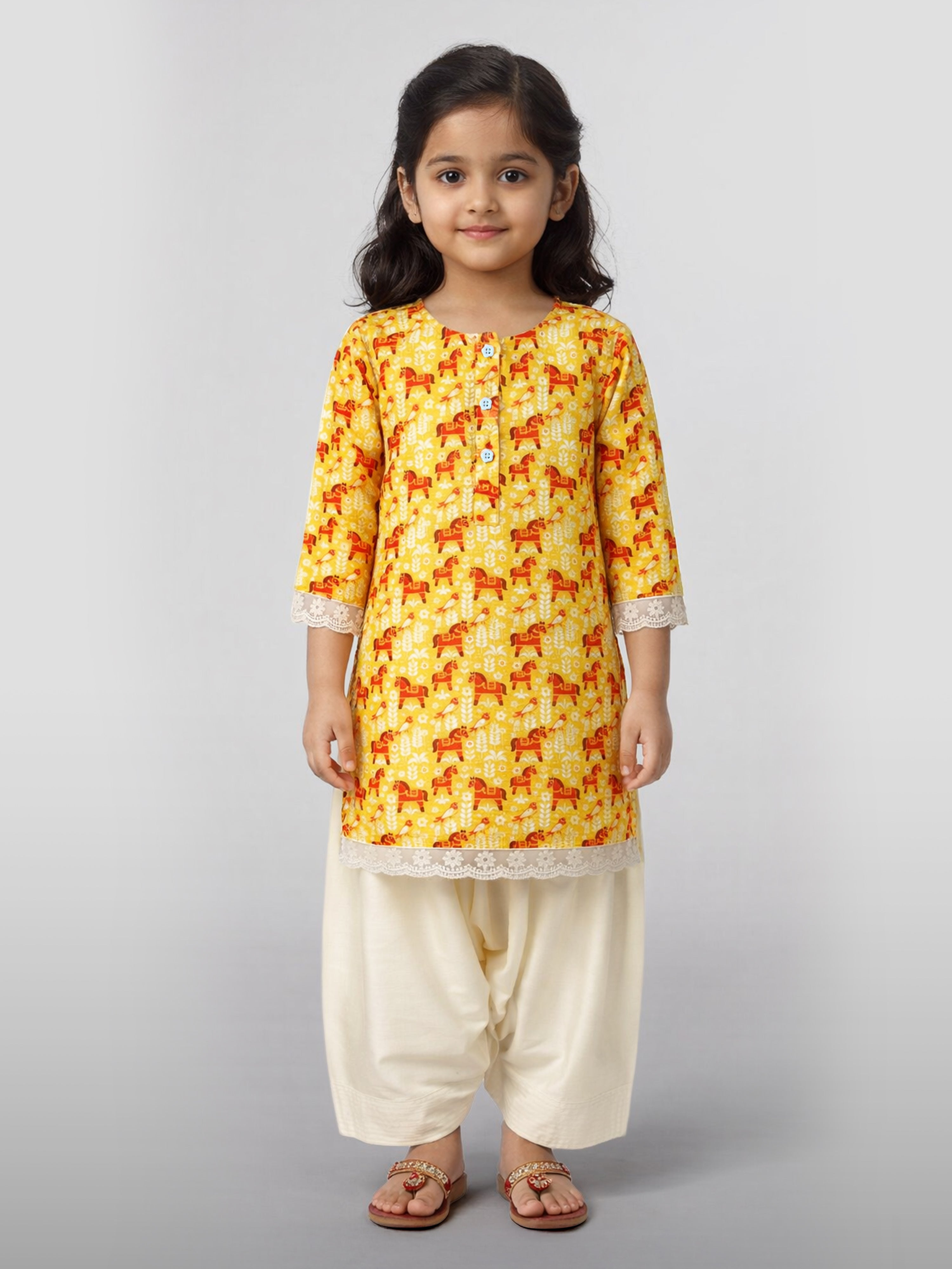 Girls' Yellow Cotton Animal Print Kurta with Pakistani Salwar Set - Three Quarter Sleeves Festive Ethnic Wear