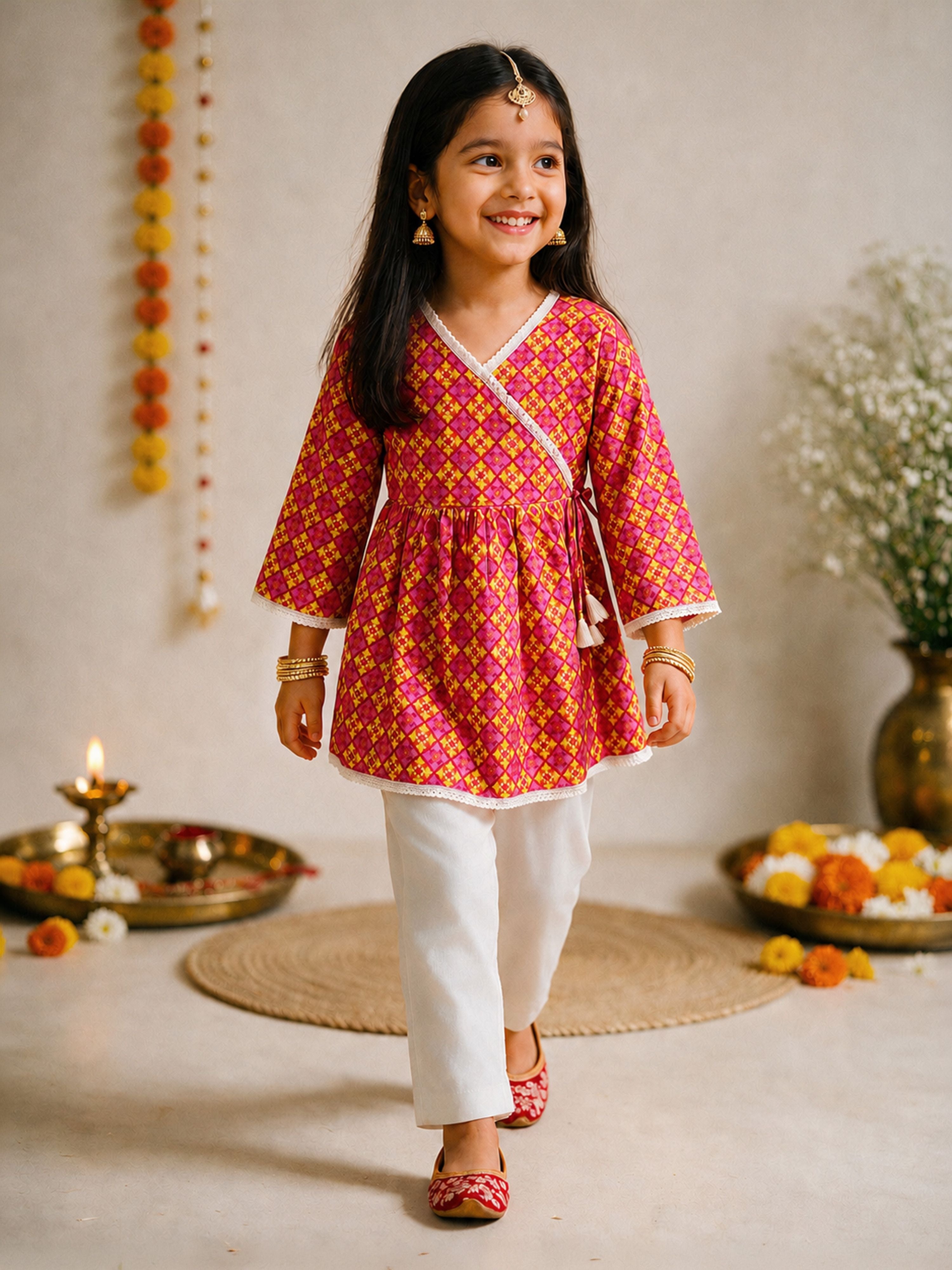 Girls Pink Cotton Geometric Print Angrakha Kurta
