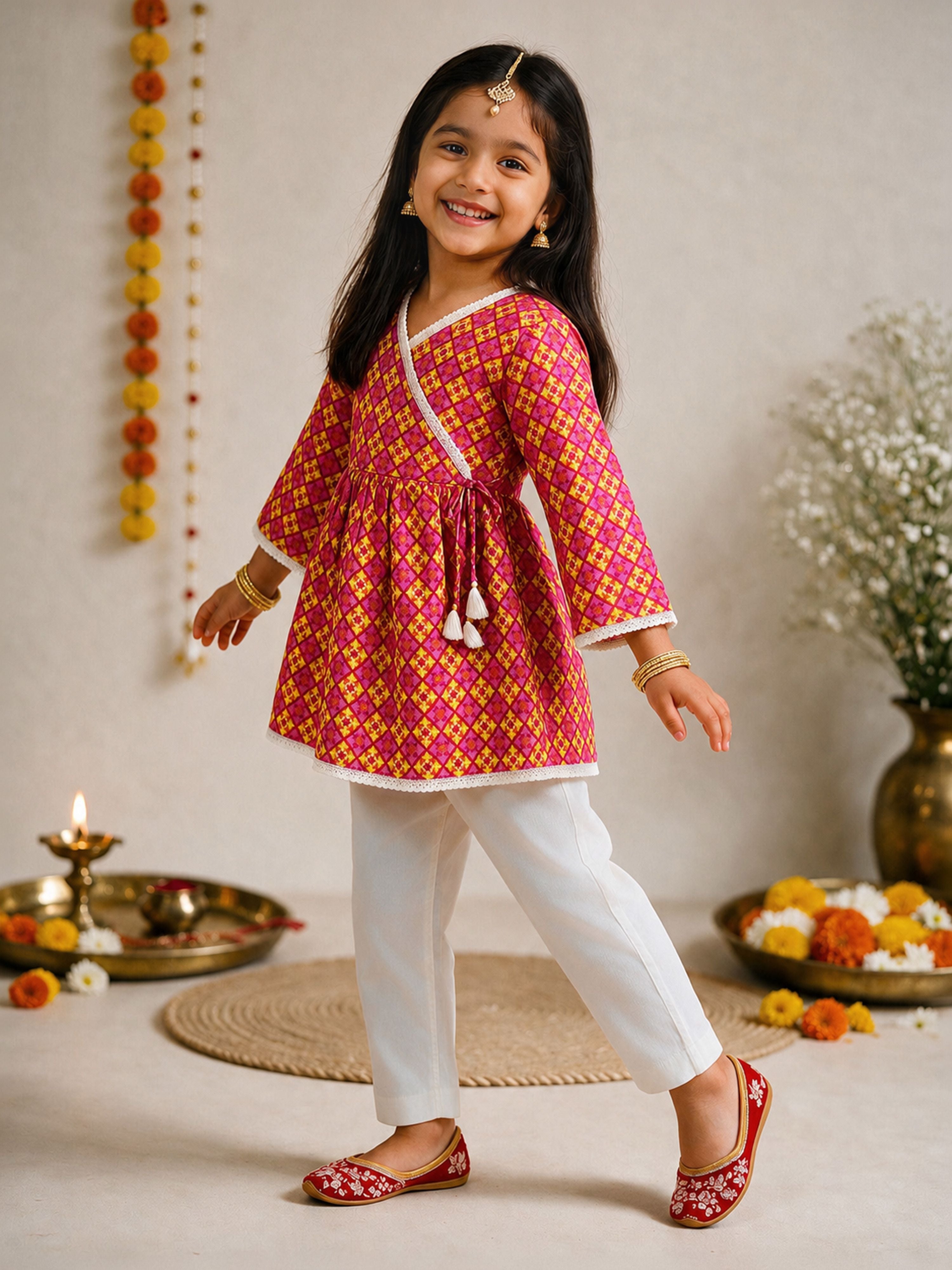 Girls Pink Cotton Geometric Print Thigh Length Kurta
