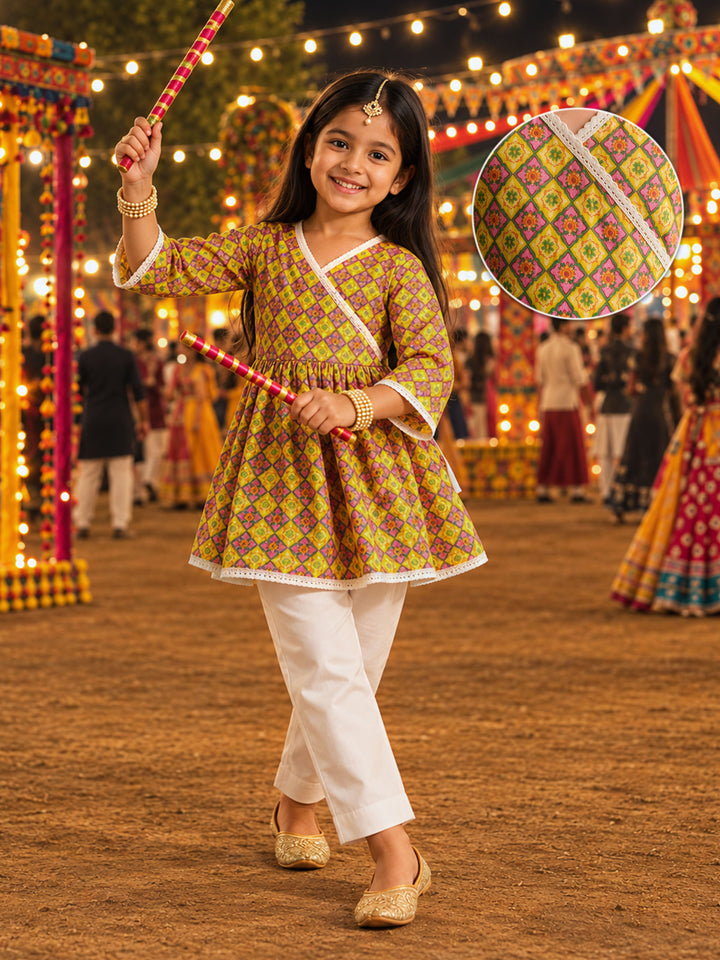 Girls Mustard Cotton Geometric Print Thigh Length Kurta