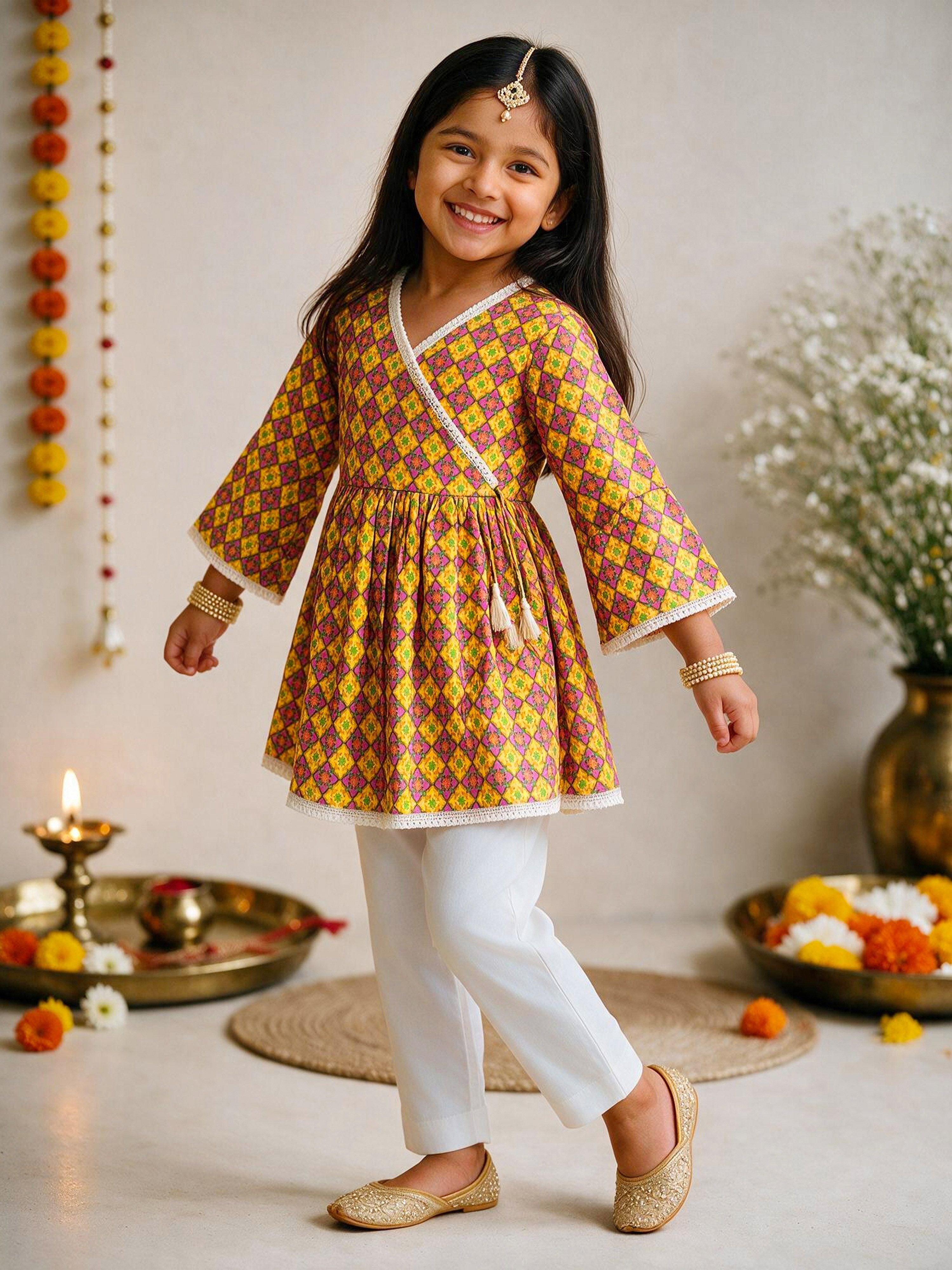 Girls Mustard Cotton Geometric Print Thigh Length Kurta