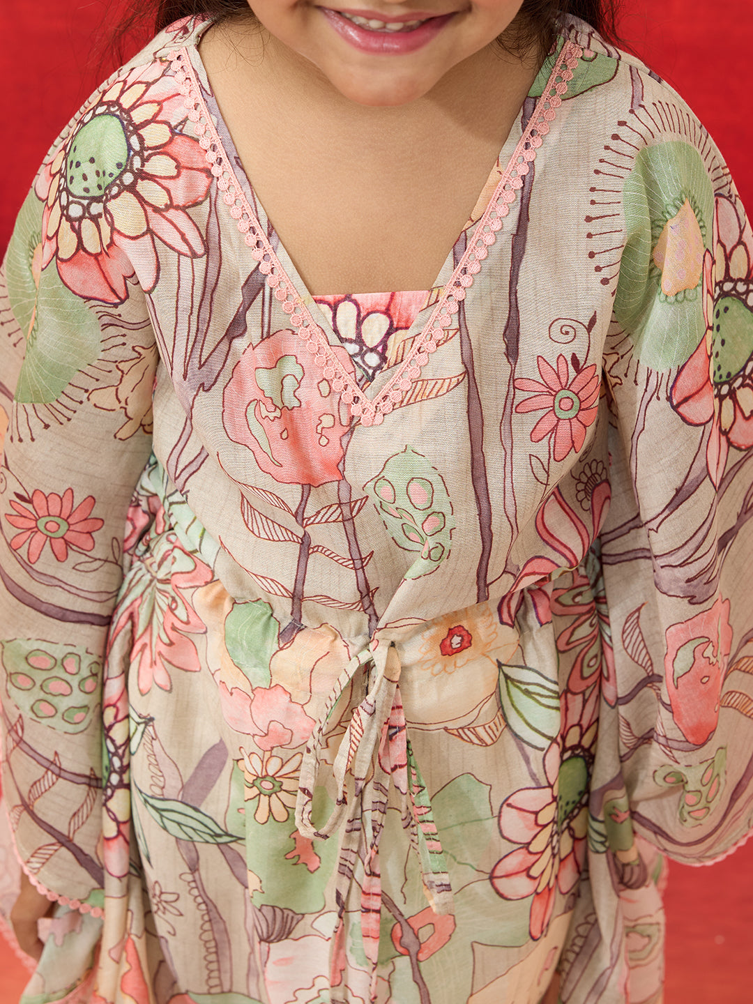 Vastramay Girls' Beige Cotton Kurta with Pyjama Set