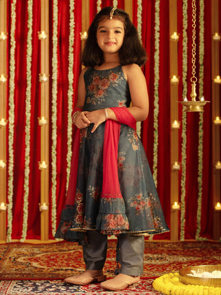 VASTRAMAY Girls' Grey Floral Printed Anarkali And Pyjama With Ruffled Dupatta Set
