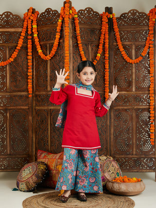 VASTRAMAY Blue Printed Cotton Festive Collection Sibling Set