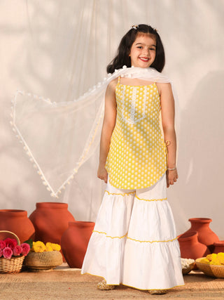 VASTRAMAY Girls' Yellow and White Kurta, Sharara and Dupatta Set
