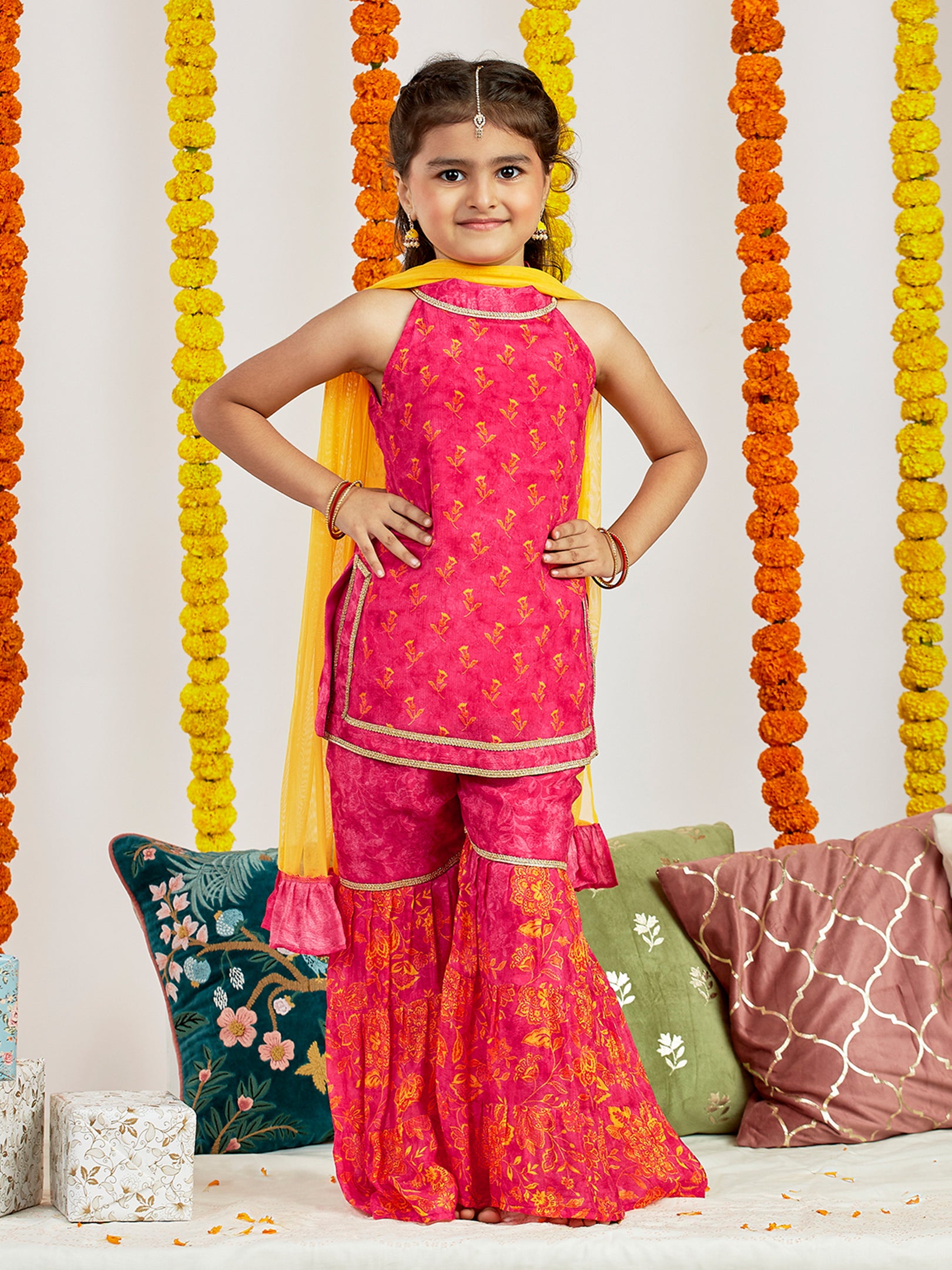 Girl's' Pink Kurta Sharara And Dupatta Set