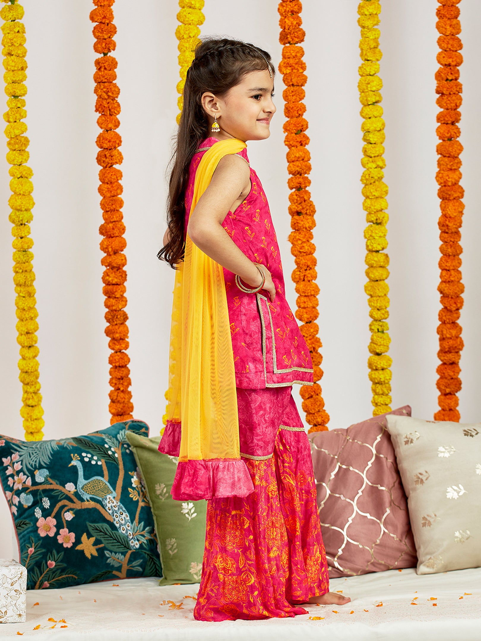 Girl's' Pink Kurta Sharara And Dupatta Set