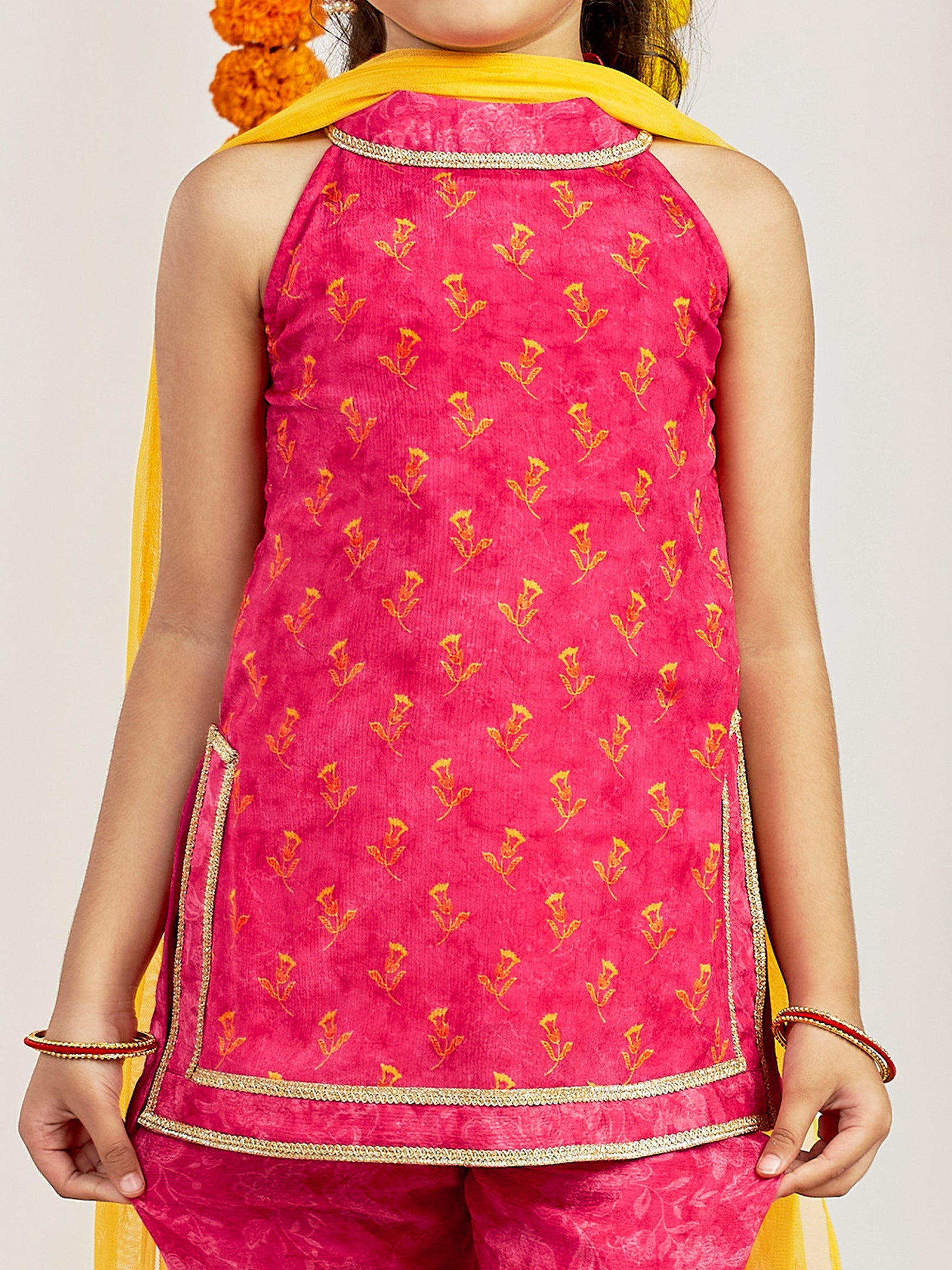 Girl's' Pink Kurta Sharara And Dupatta Set