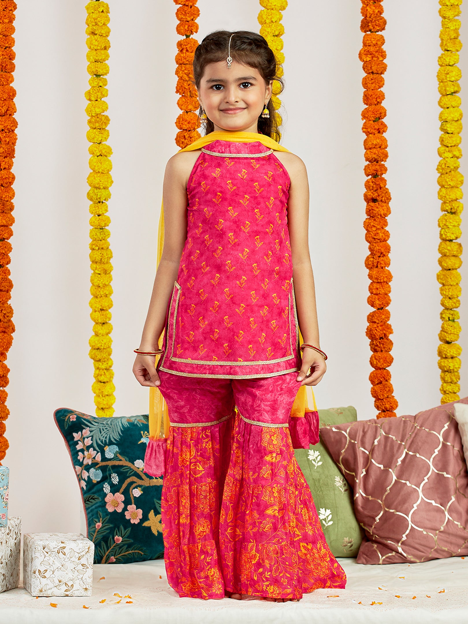 Girl's' Pink Kurta Sharara And Dupatta Set