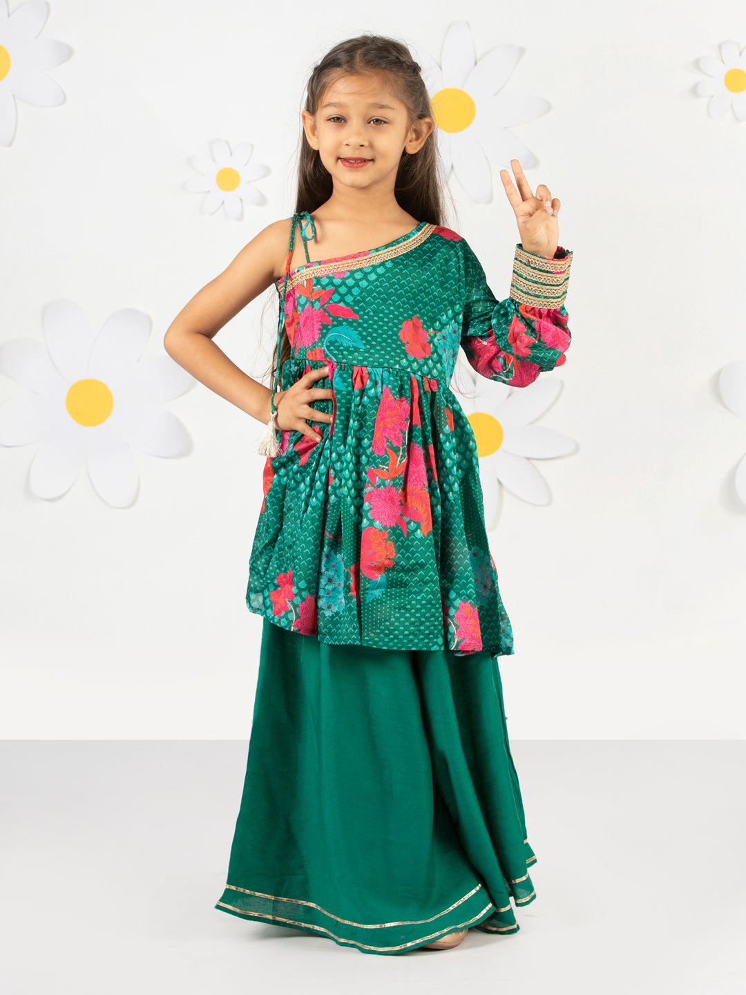 Girl's' Green Kurta Palazzo Set