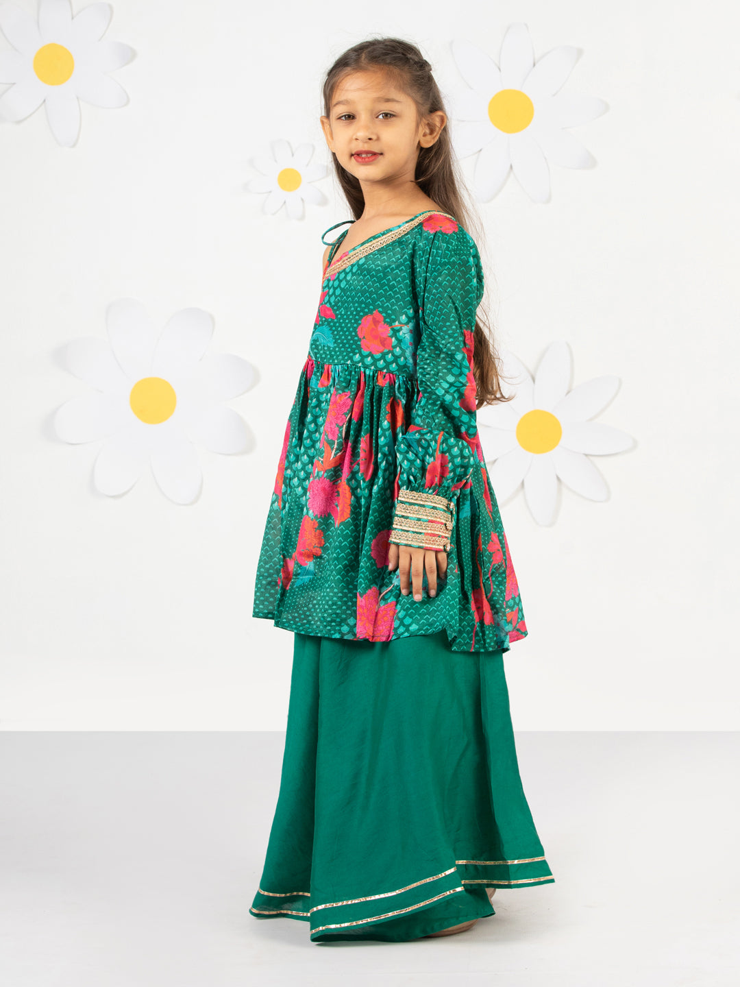 Girl's' Green Kurta Palazzo Set