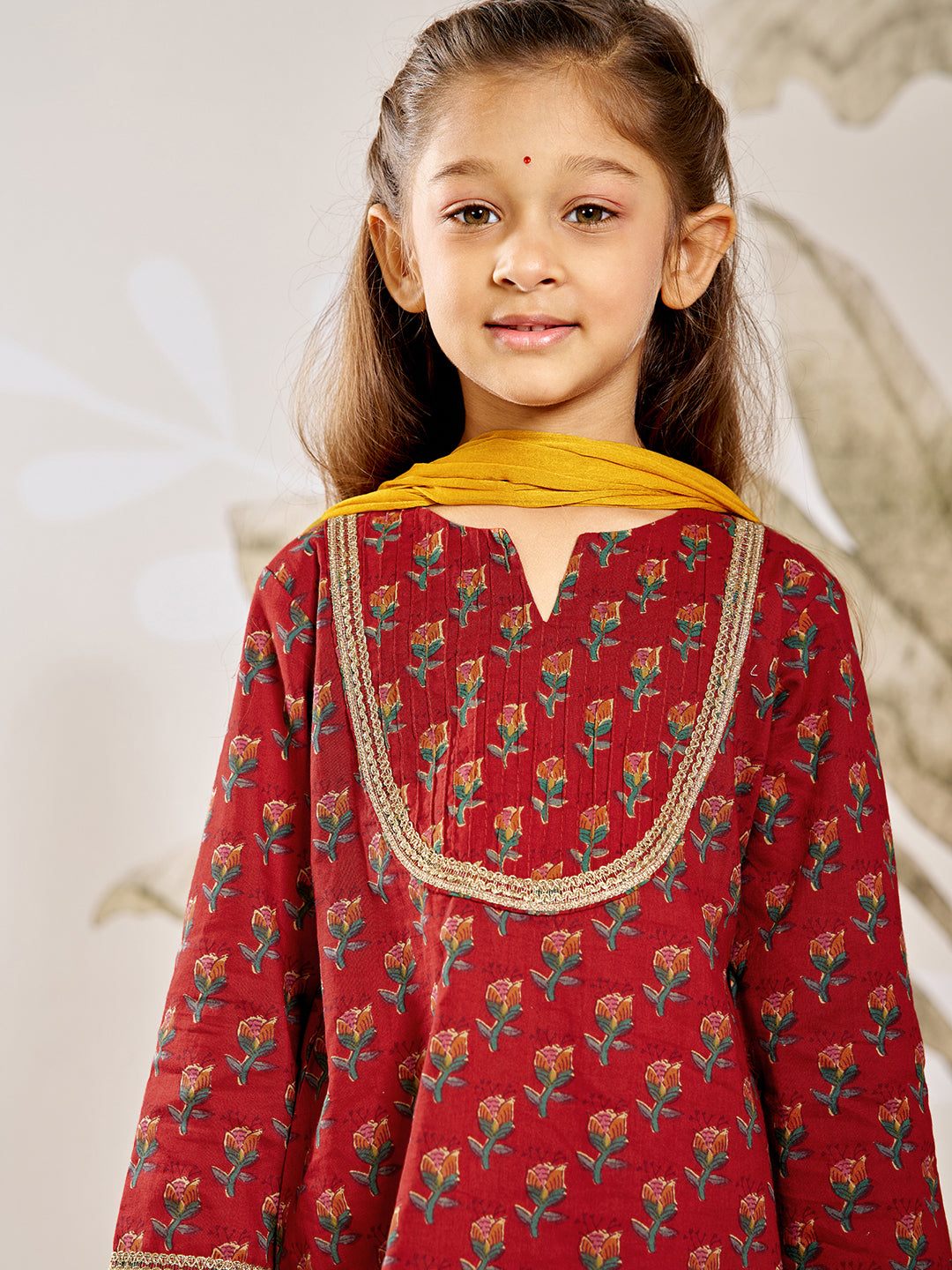 Girl's Red Floral Kurta Patiala Set