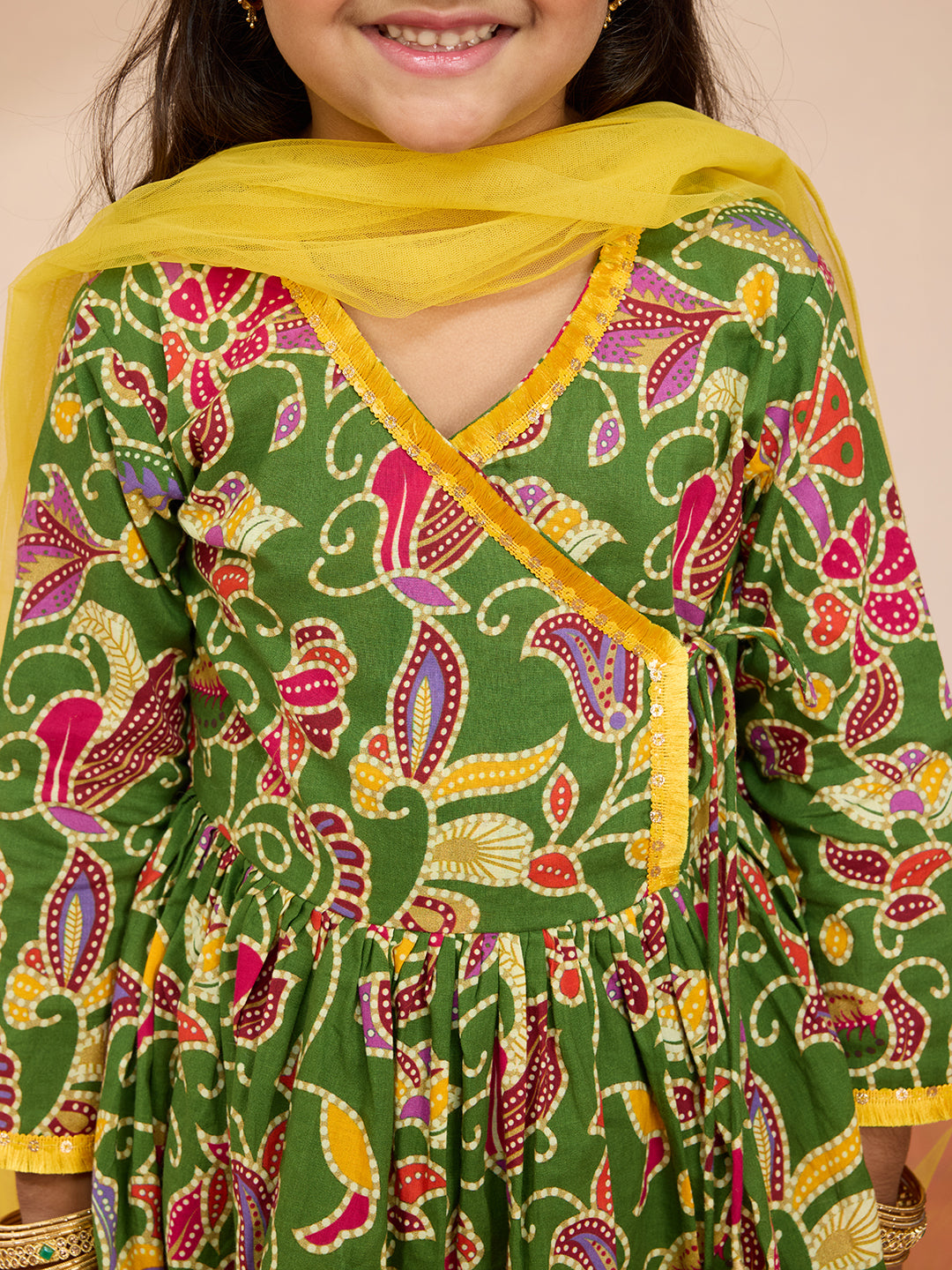 Vastramay Girls' Green Cotton Kurta with Sharara Set