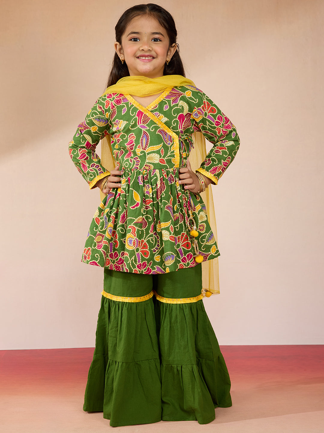 Vastramay Girls' Green Cotton Kurta with Sharara Set
