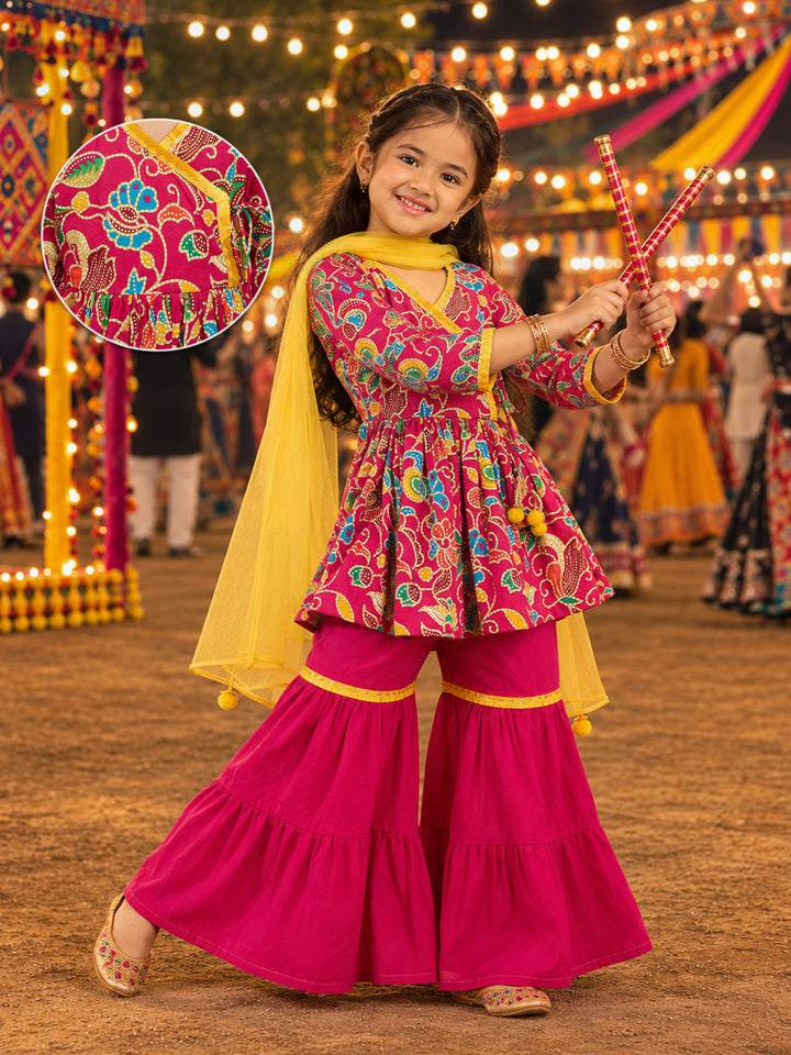 Vastramay Girls Pink Cotton Kurta Set with Sharara