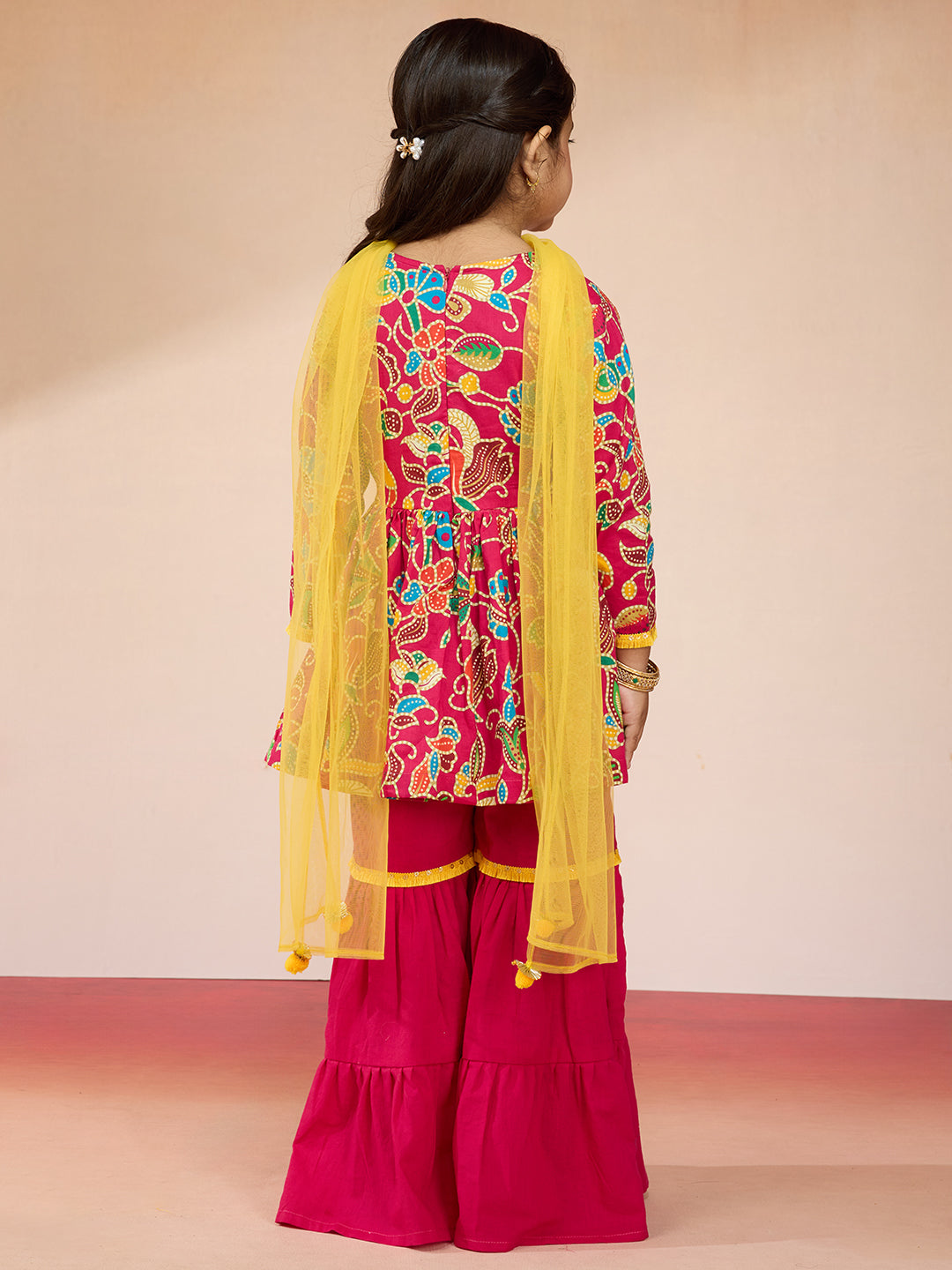 Vastramay Girls Pink Cotton Kurta Set with Sharara