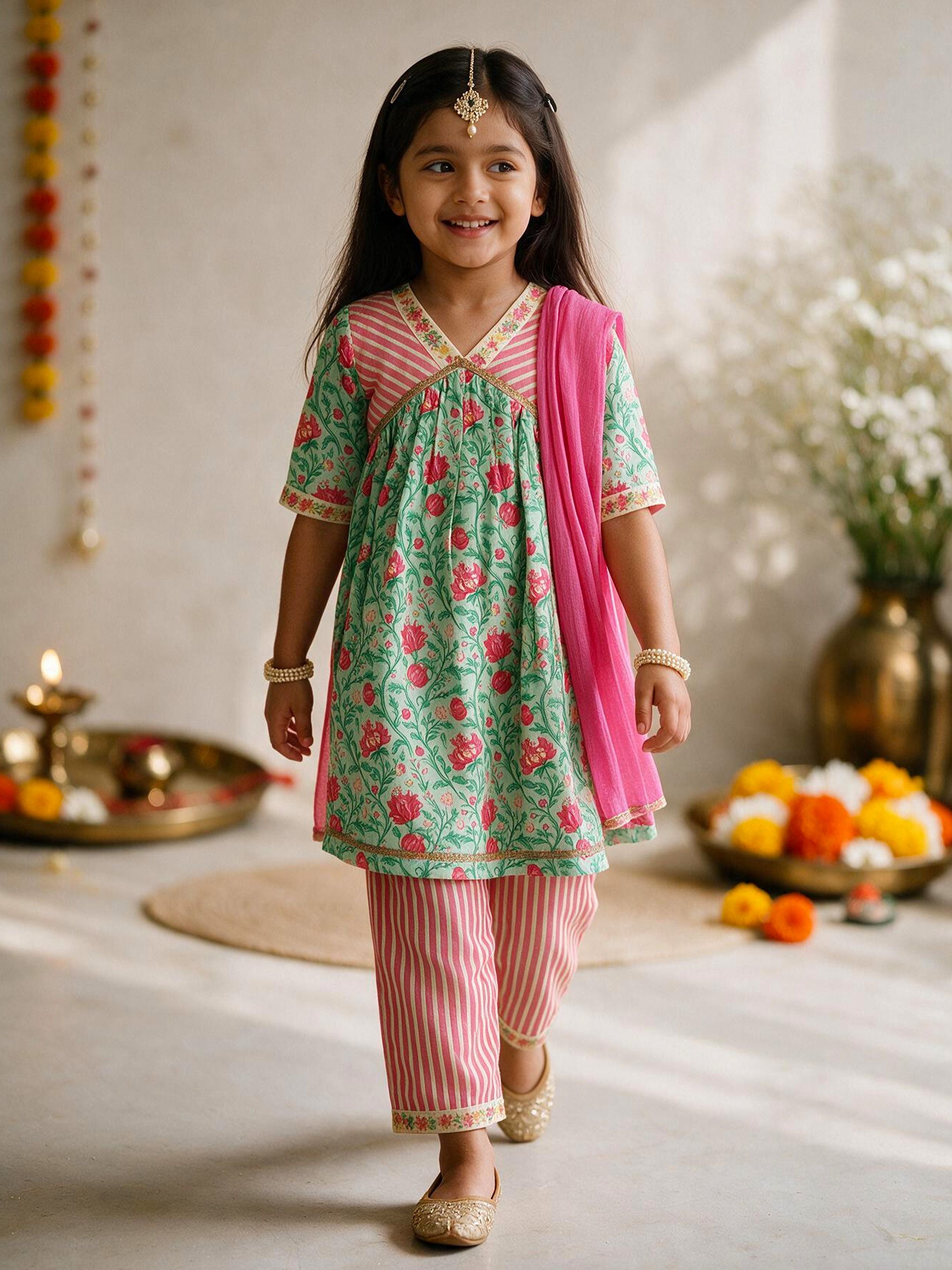 Girls Mint Green Cotton Floral Printed Kurta Set