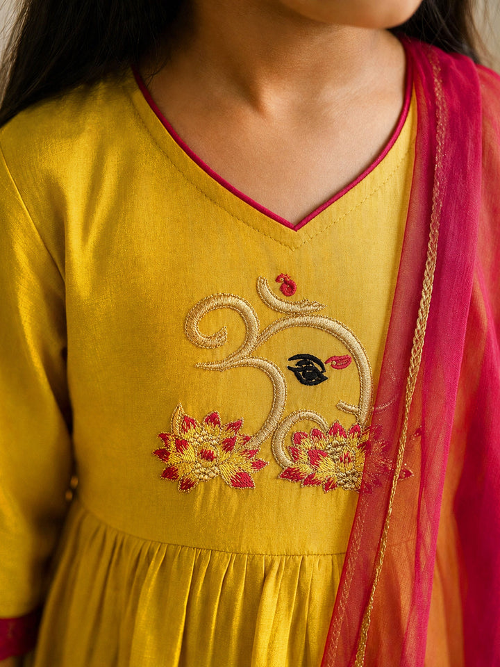 Girls Mustard Chanderi Embroidered Thigh Length Kurta With Pyjama And Dupatta