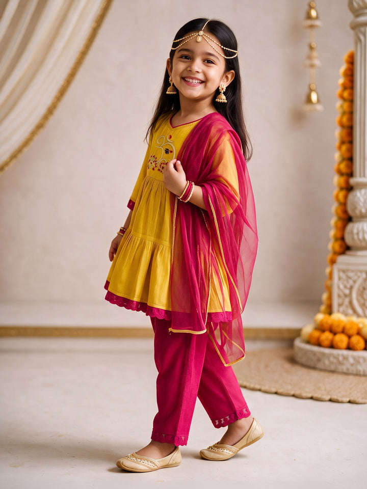 Girls Mustard Chanderi Embroidered Thigh Length Kurta With Pyjama And Dupatta