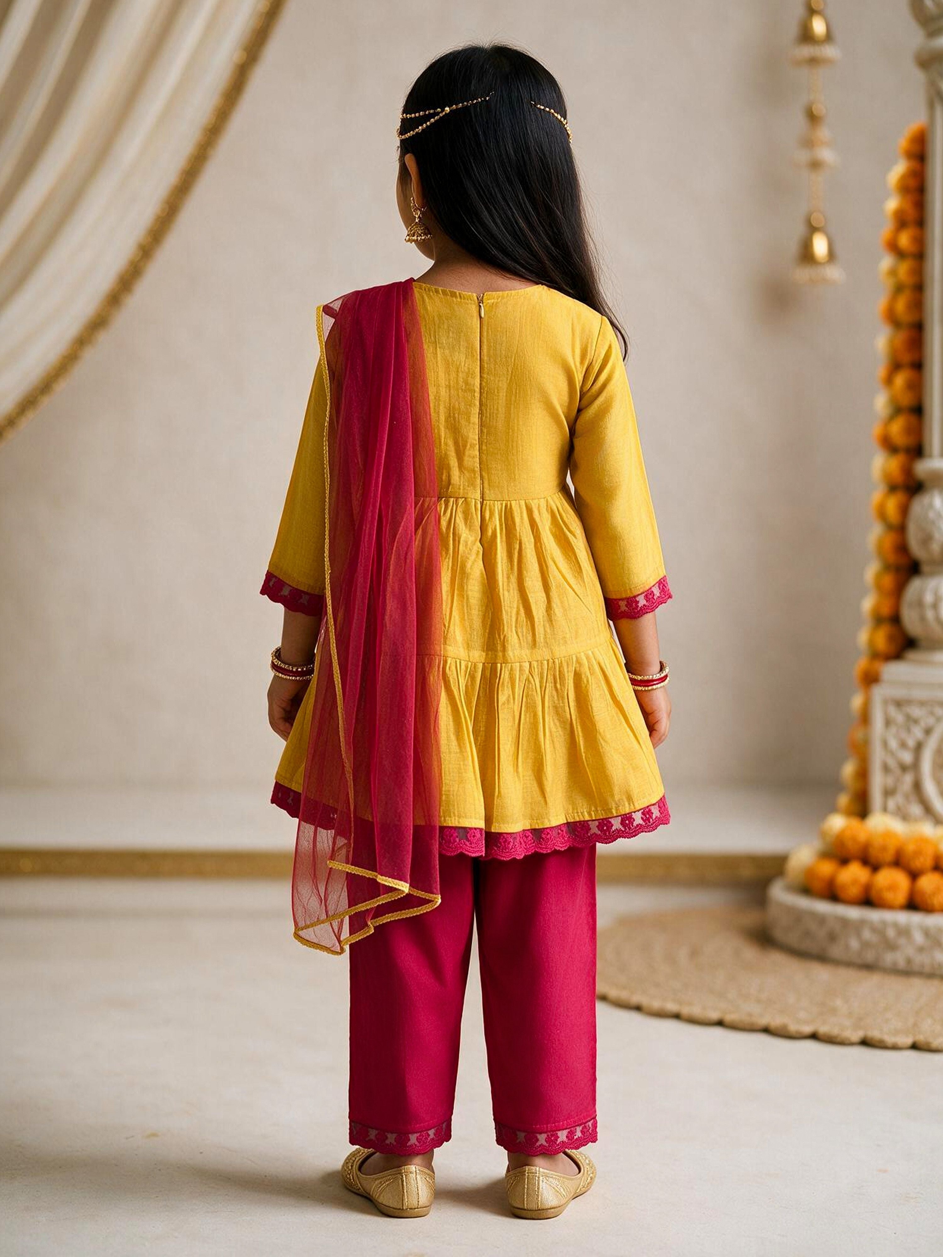 Girls's Mustard Chanderi Embroidered Thigh Length Kurta With Pyjama And Dupatta