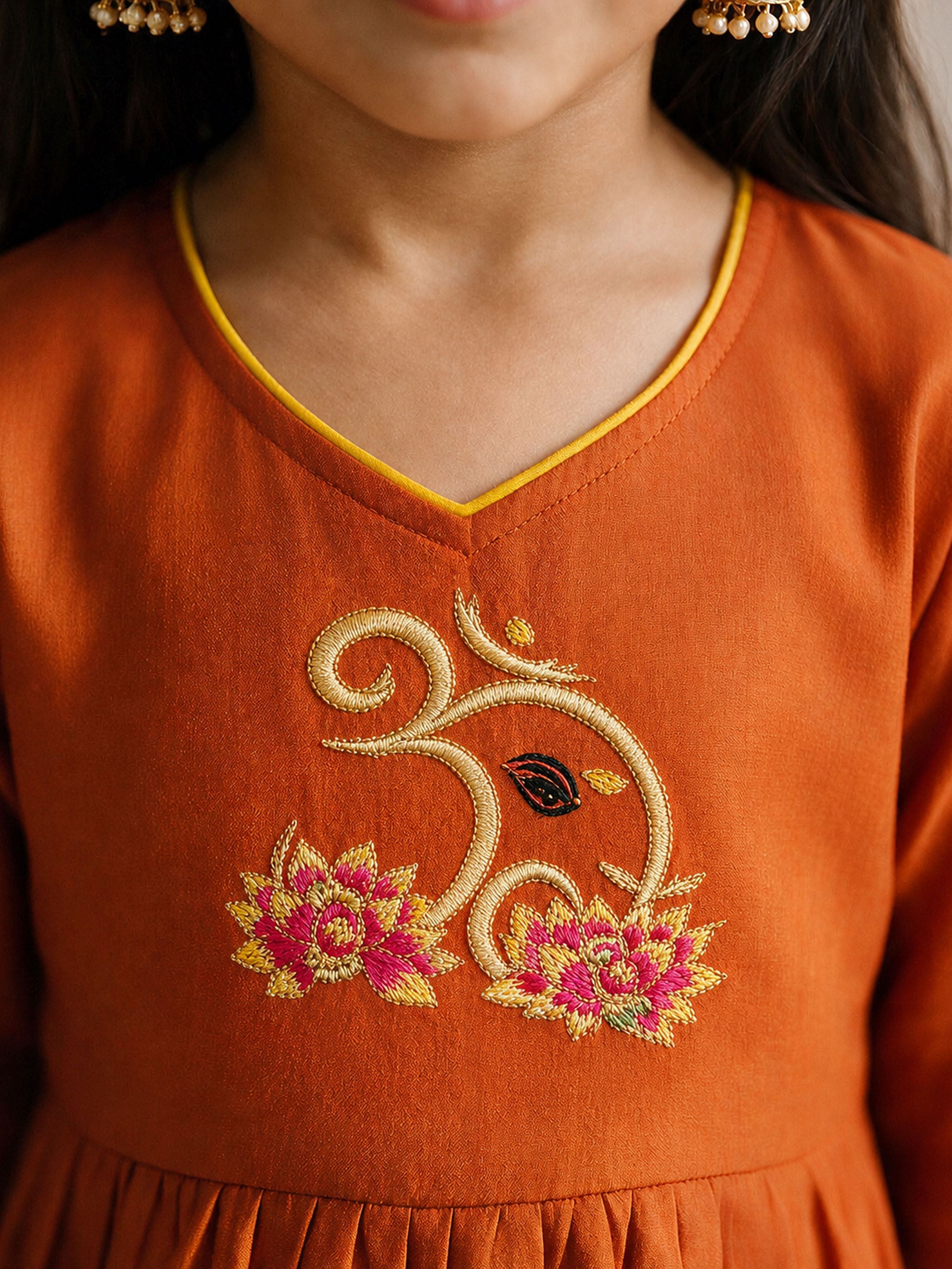Girls's Orange Chanderi Embroidered Thigh Length Kurta With Pyjama And Dupatta