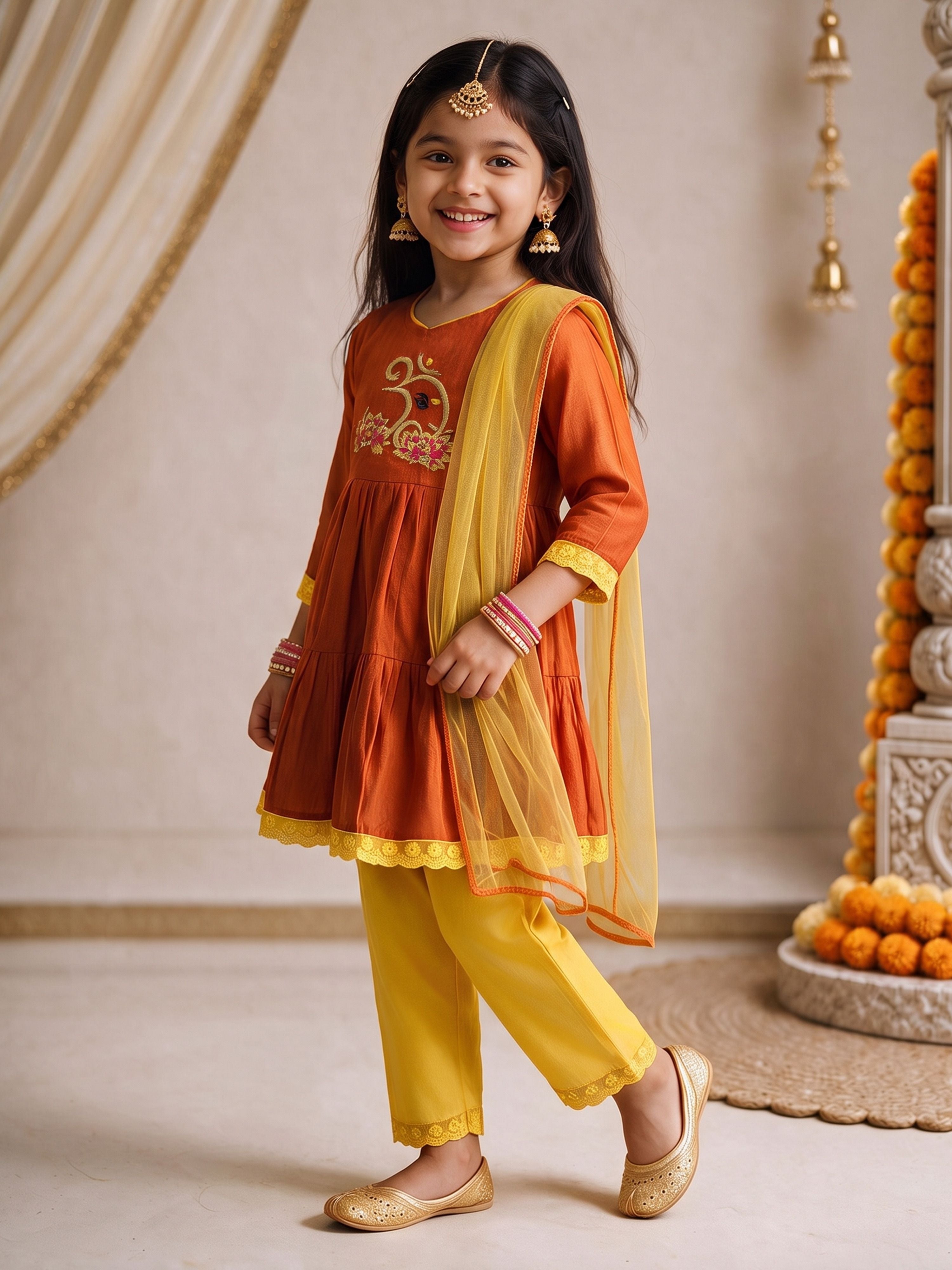 Girls's Orange Chanderi Embroidered Thigh Length Kurta With Pyjama And Dupatta