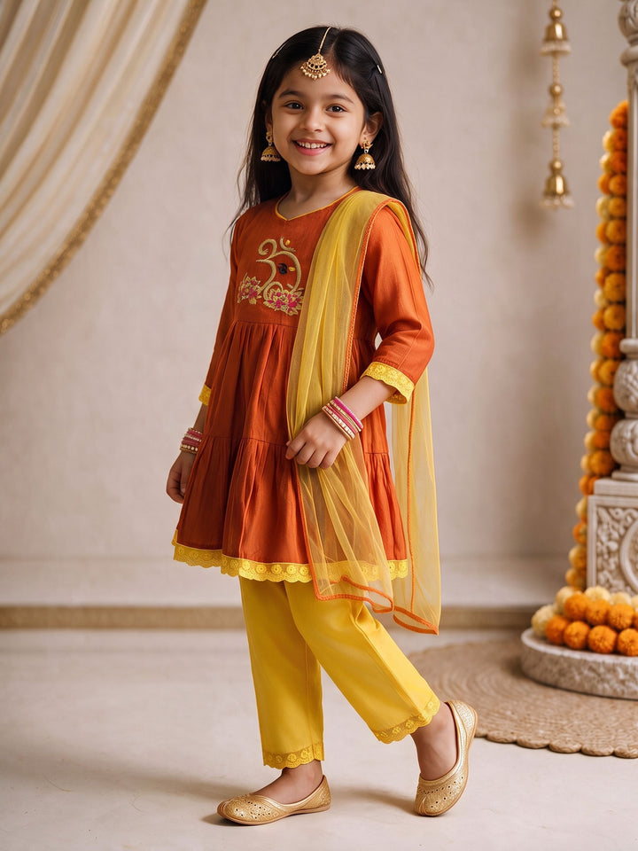 Girls Orange Chanderi Embroidered Thigh Length Kurta With Pyjama And Dupatta