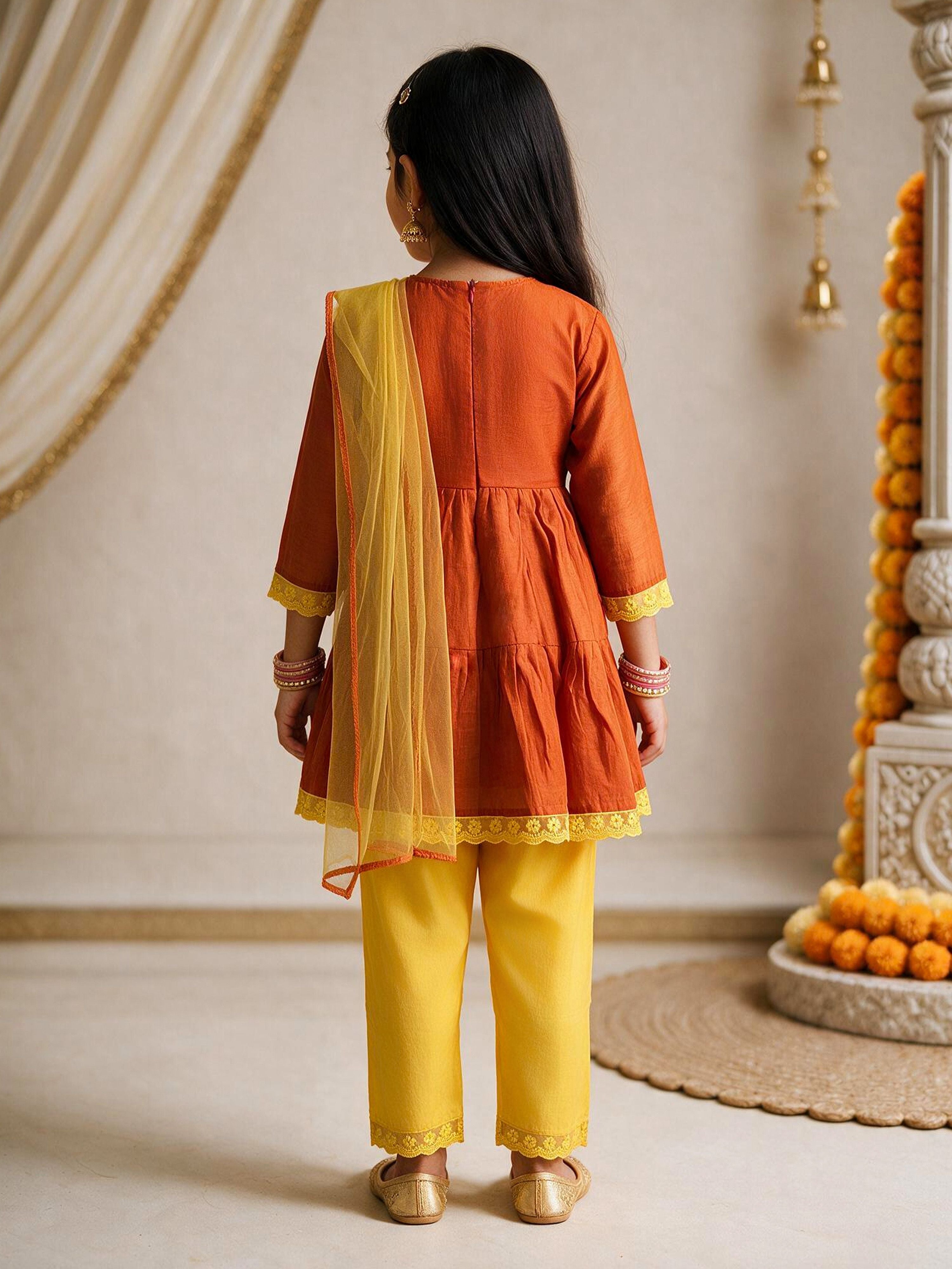 Girls's Orange Chanderi Embroidered Thigh Length Kurta With Pyjama And Dupatta