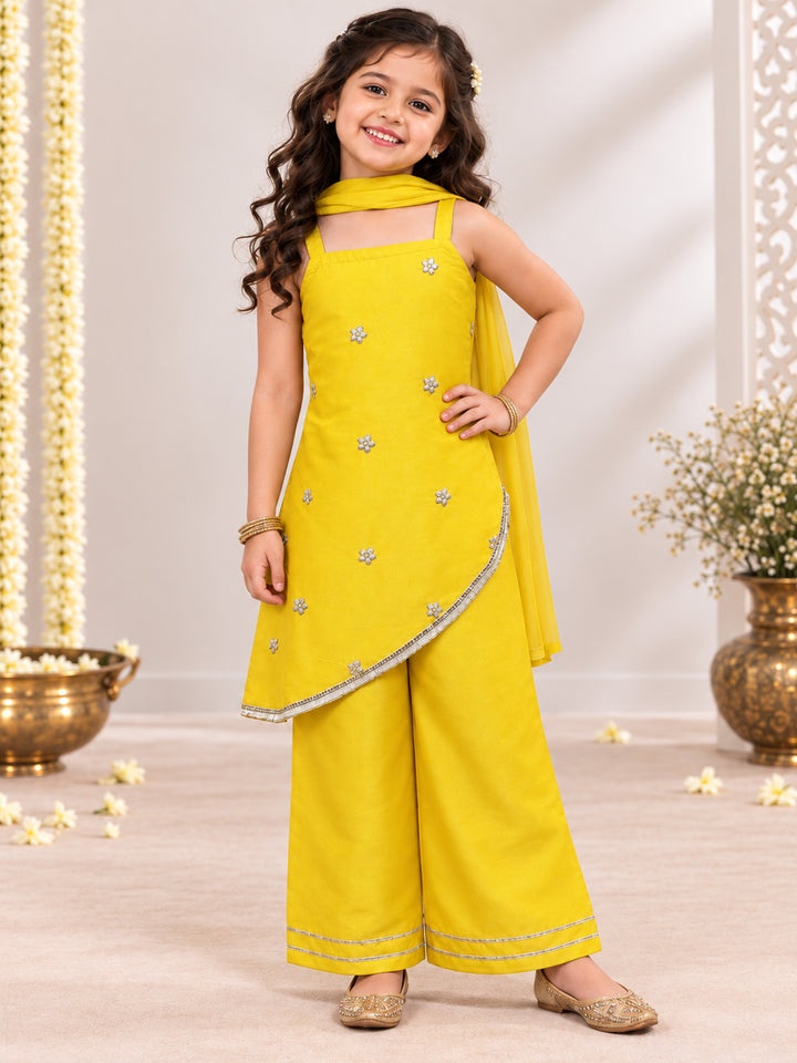 Girls Yellow Tissue Zari Embroidered Kurta with Palazzo &amp; Dupatta