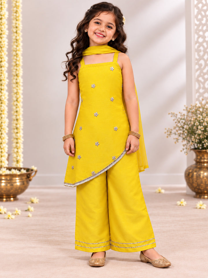 Girls Yellow Tissue Zari Embroidered Kurta with Palazzo &amp; Dupatta