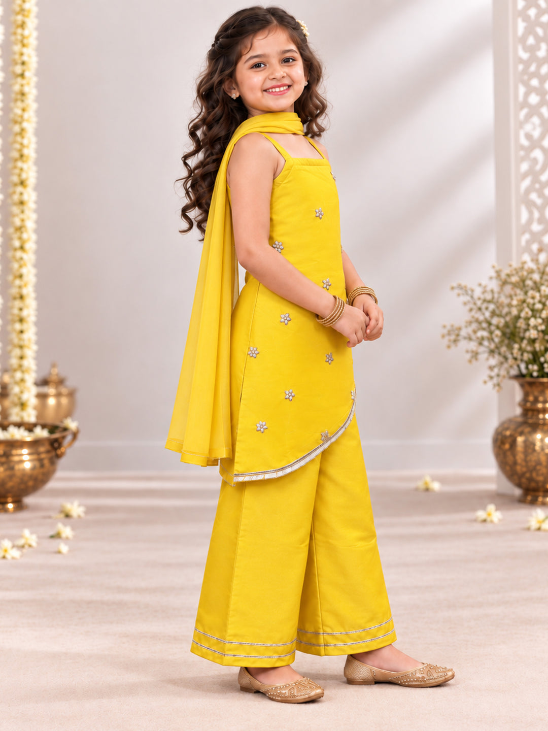 Girls Yellow Tissue Zari Embroidered Kurta with Palazzo &amp; Dupatta