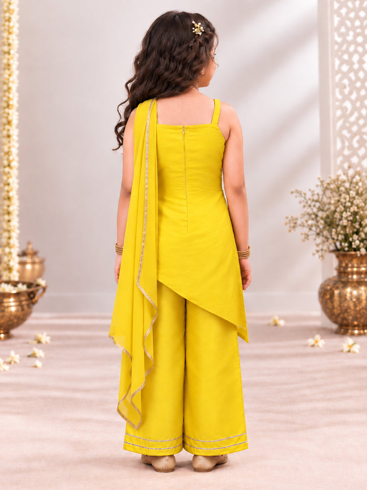 Girls Yellow Tissue Zari Embroidered Kurta with Palazzo &amp; Dupatta