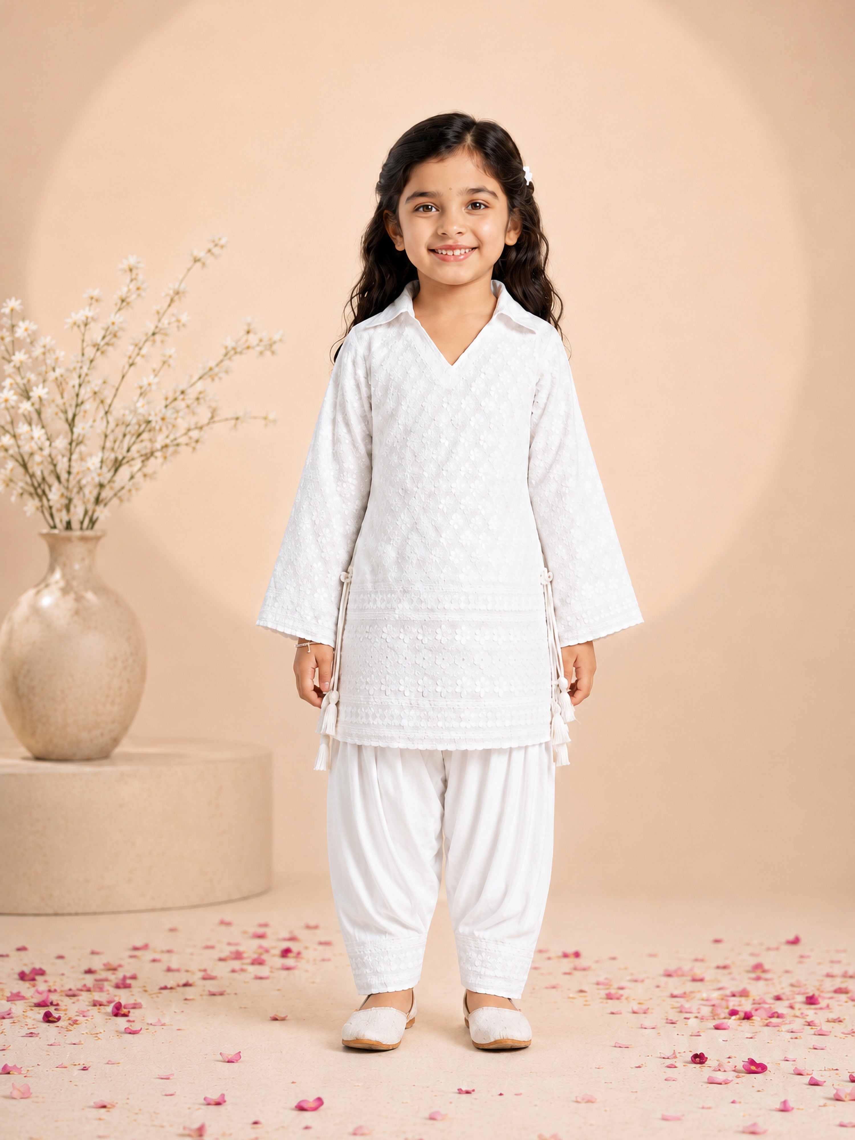 Girls White Cotton Chikankari Kurta with Patiala Pants