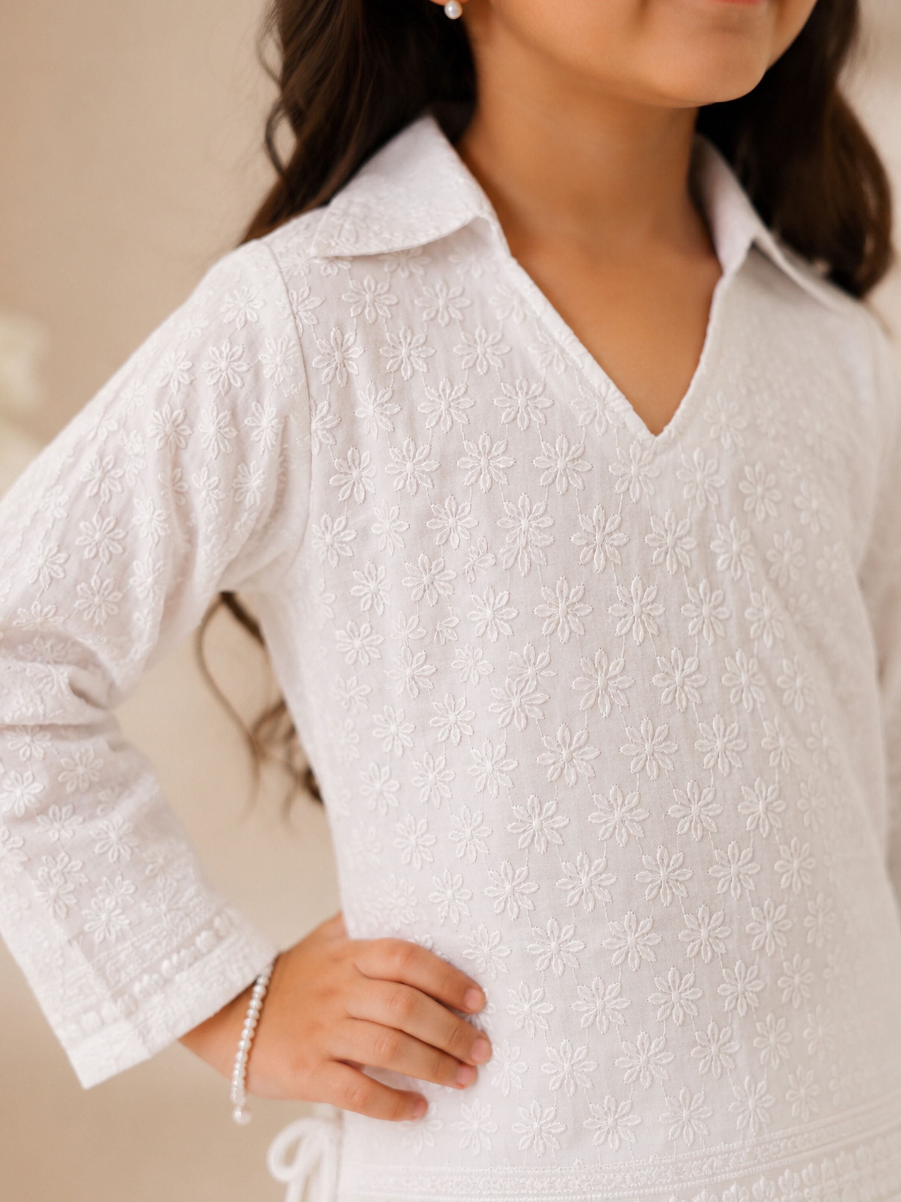 Girls's White Cotton Chikankari Embroidery Thigh Length Kurta And Pyjama Set