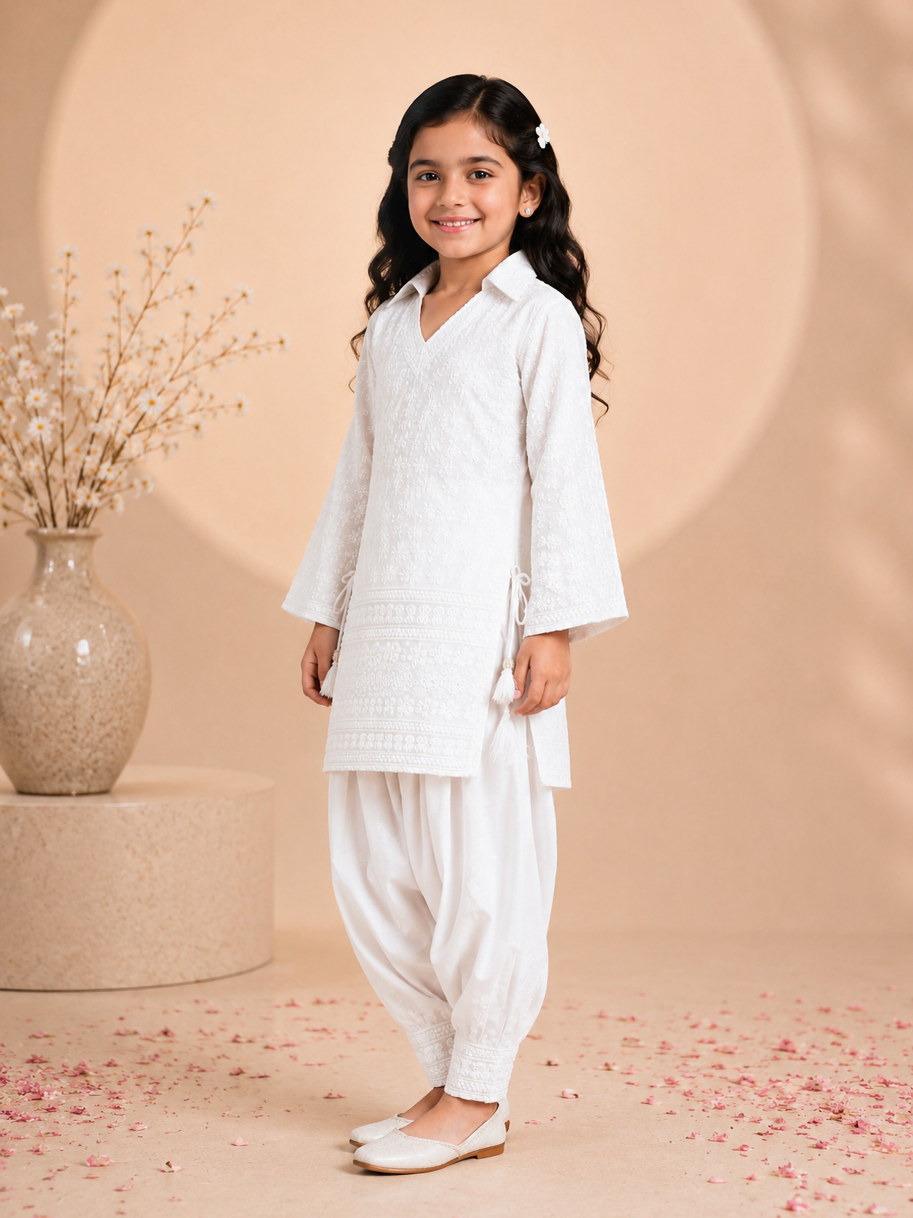 Girls White Cotton Chikankari Kurta with Patiala Pants